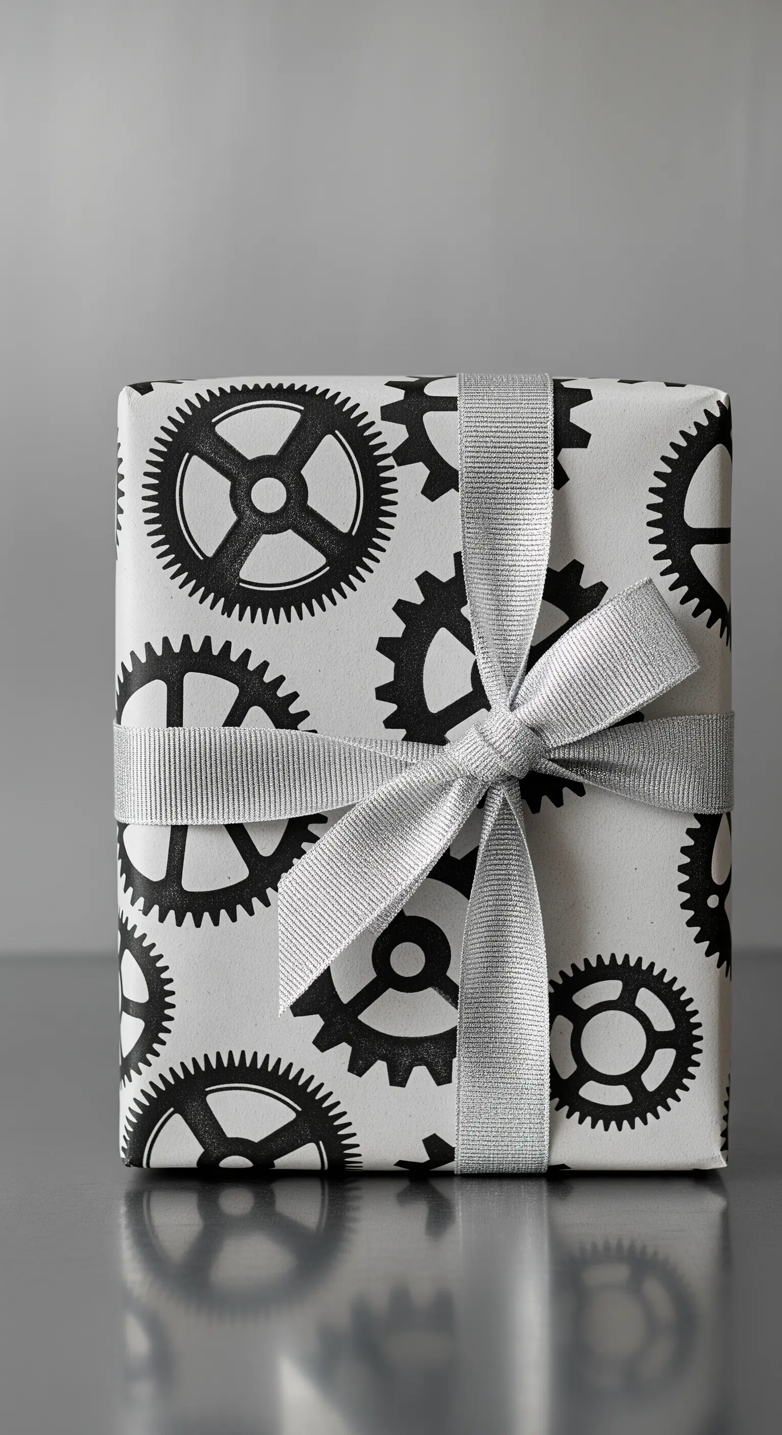 Regalo incartato con carta a stampa di ingranaggi neri e un nastro argentato.