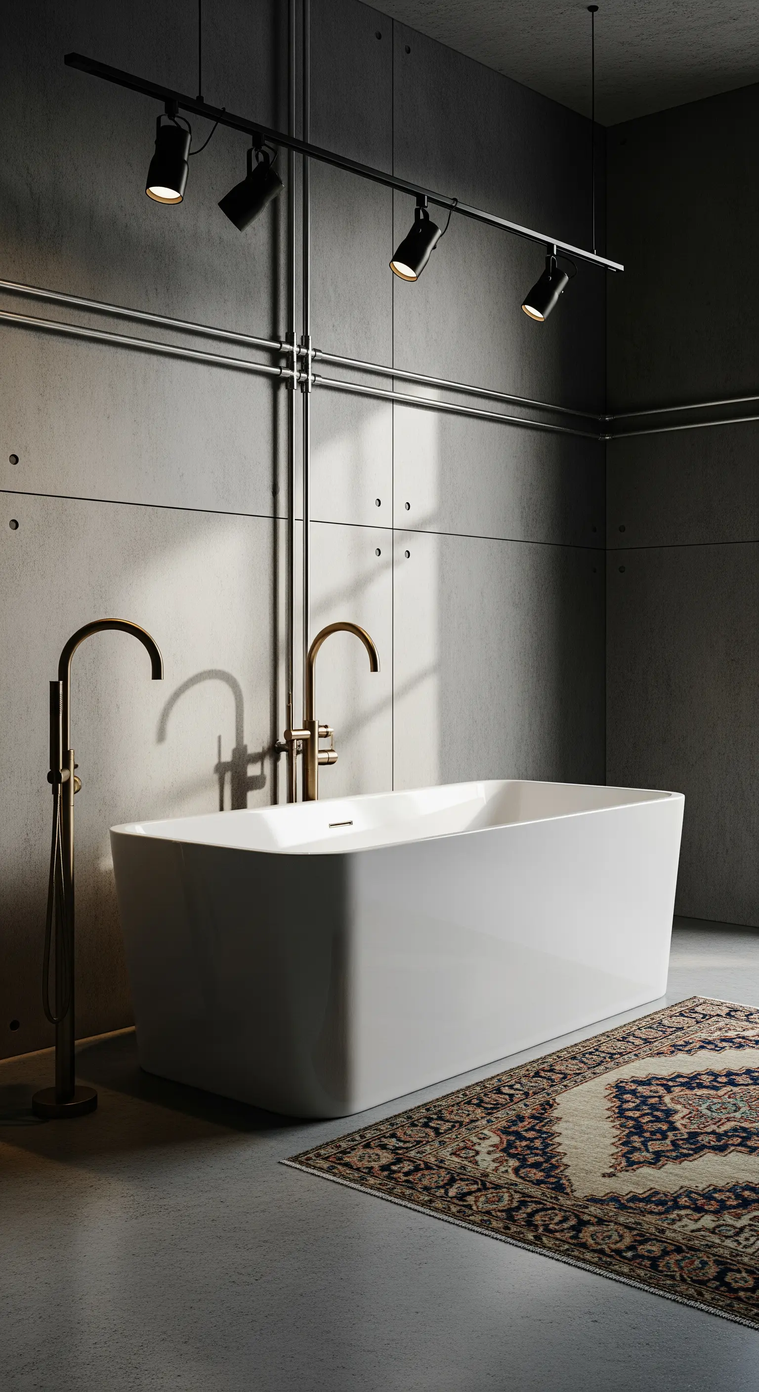 Vasca bianca in un bagno industrial con tubi a vista, faretti e un tappeto persiano.