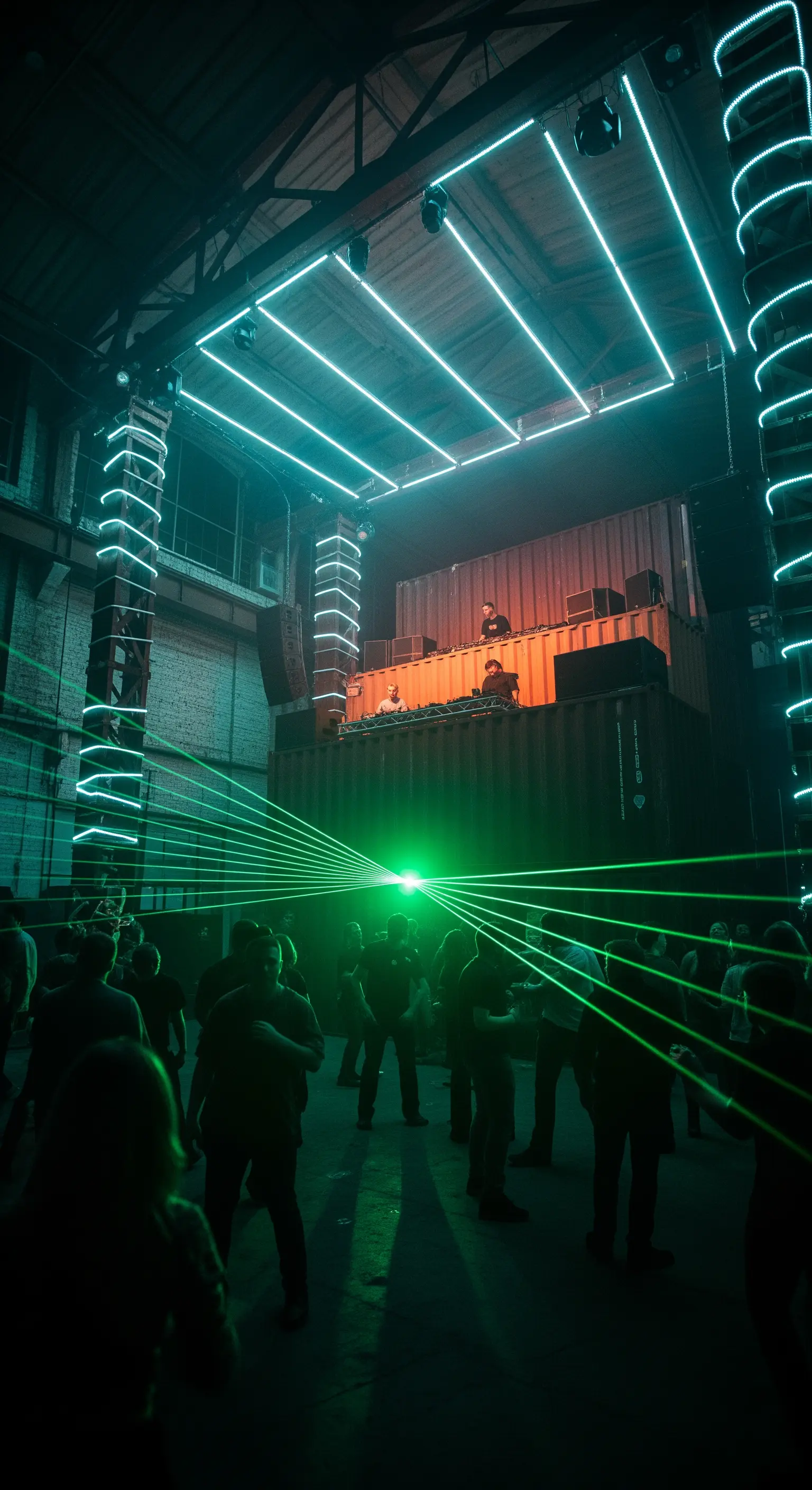 DJ booth su container in un magazzino con laser verdi che attraversano la folla.