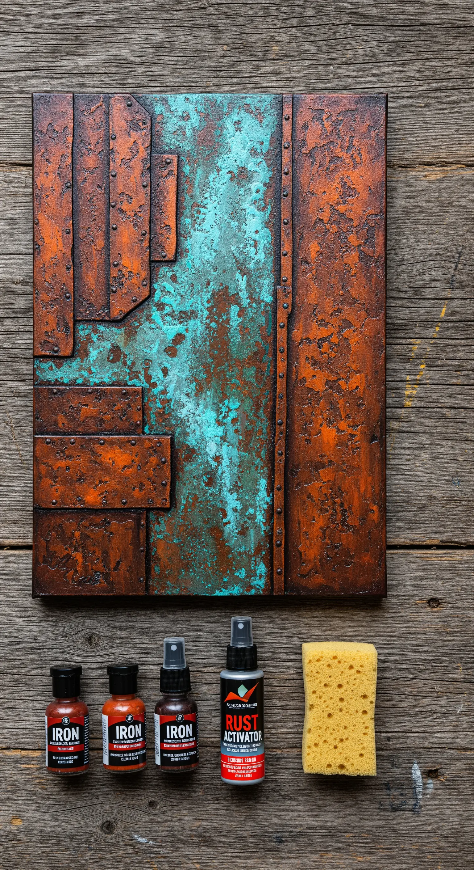 Quadro con effetto ruggine e ossidazione verderame, realizzato con un kit di pittura speciale.