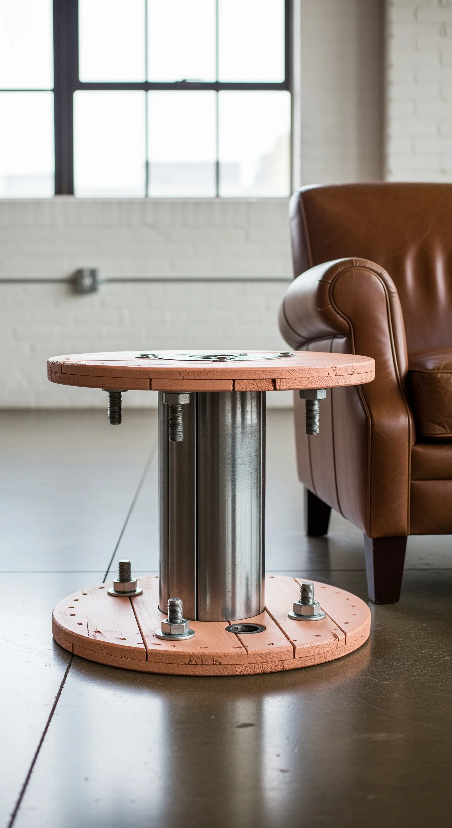 Tavolino industriale con flange in legno color terracotta e un nucleo centrale in metallo.