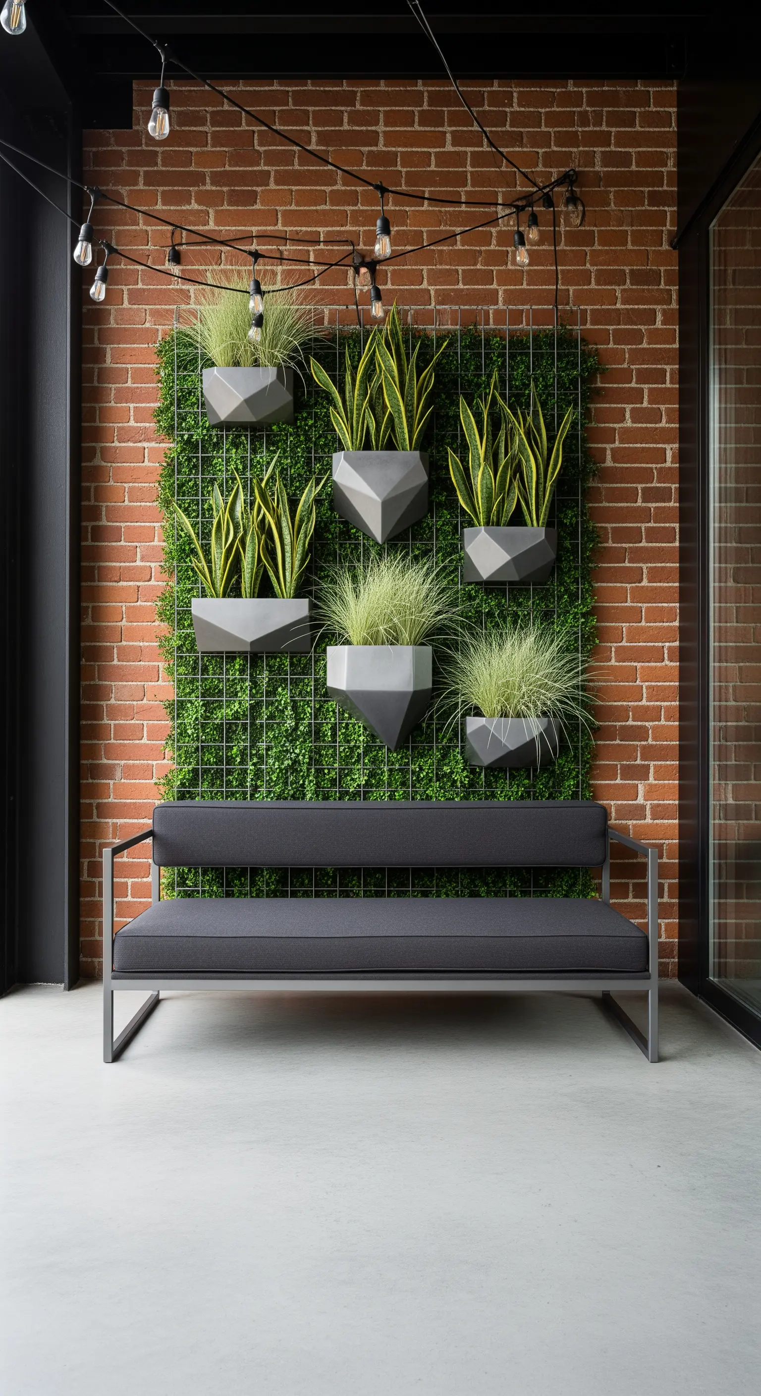 Panchina minimalista in metallo nero contro una parete di mattoni con un giardino verticale geometrico.