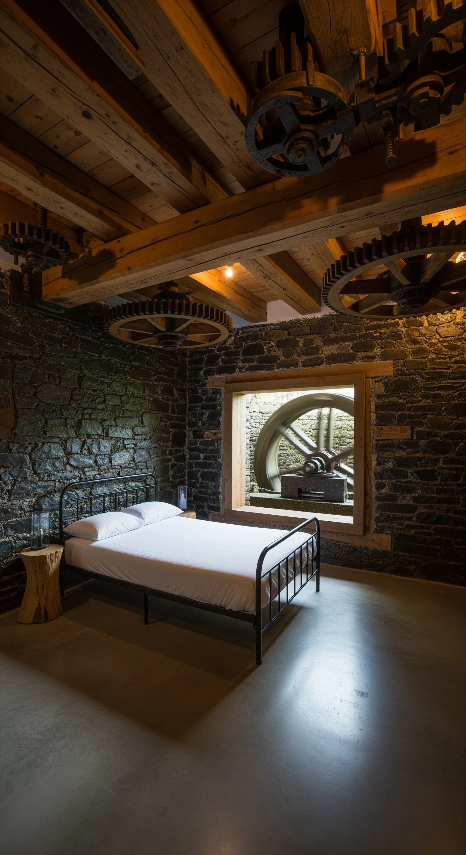 Camera da letto in un ex mulino con ingranaggi di legno a soffitto e parete in pietra scura.