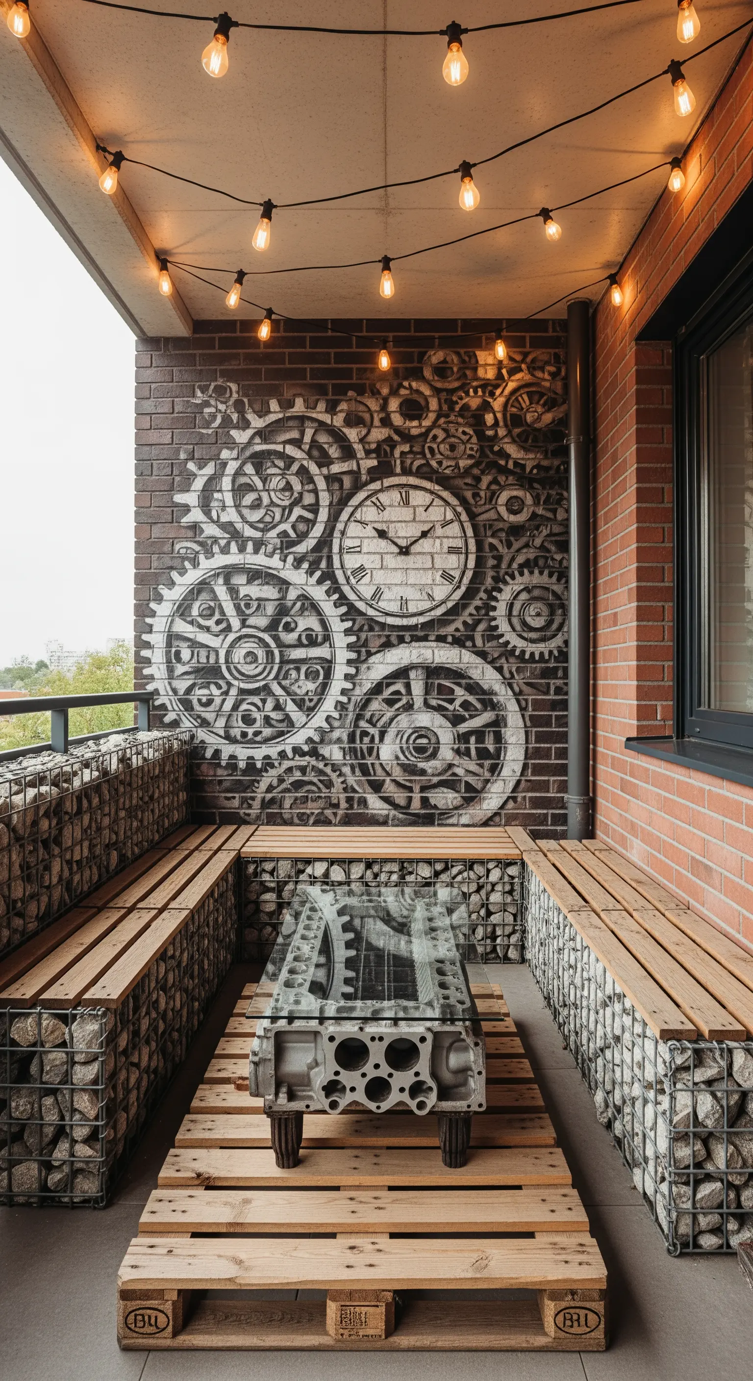 Balcone industriale con murale di ingranaggi, panche in gabbioni e tavolino ricavato da un motore.