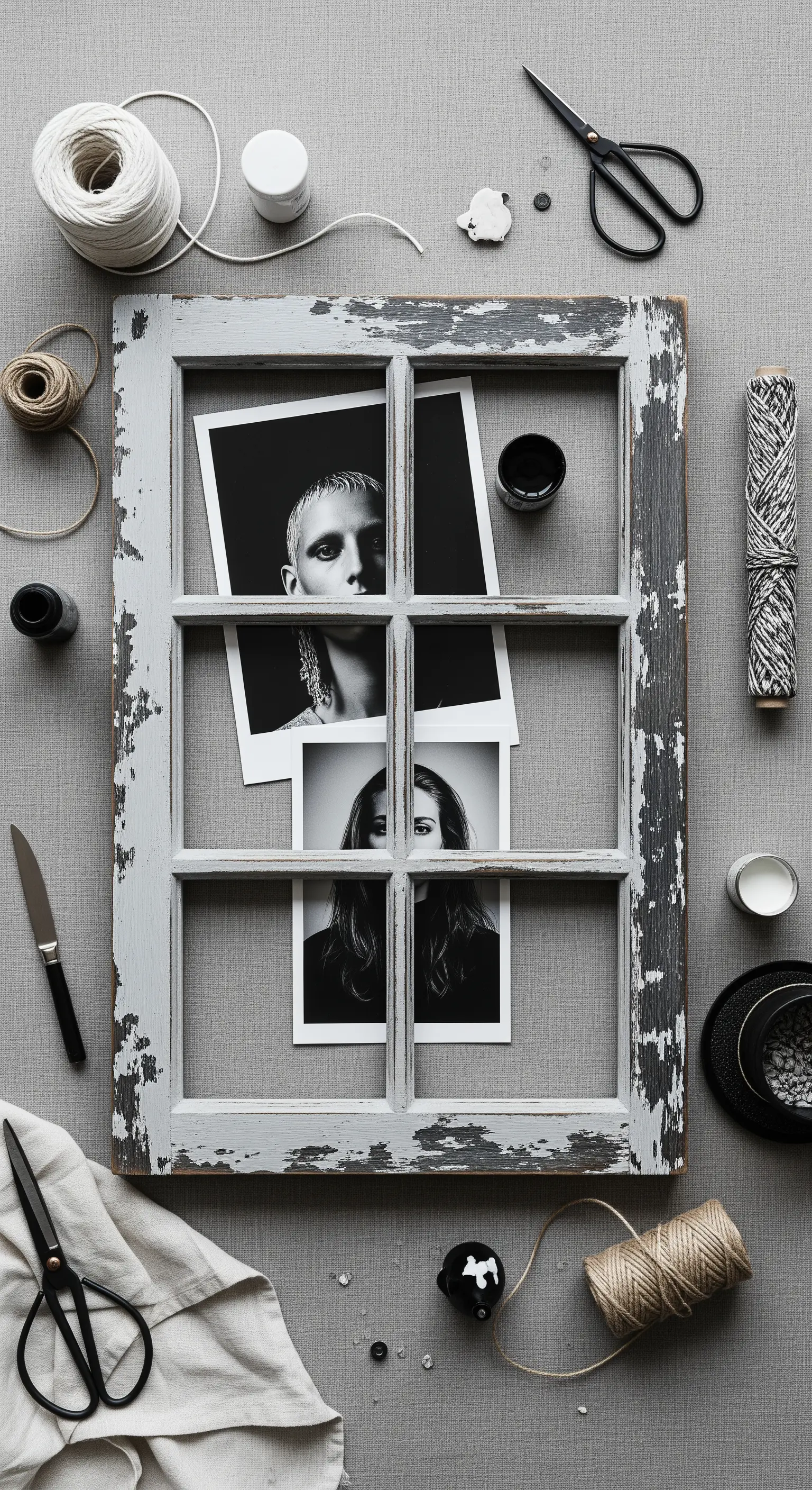 Flat lay con una finestra grigia scrostata, foto in bianco e nero, spaghi e forbici.