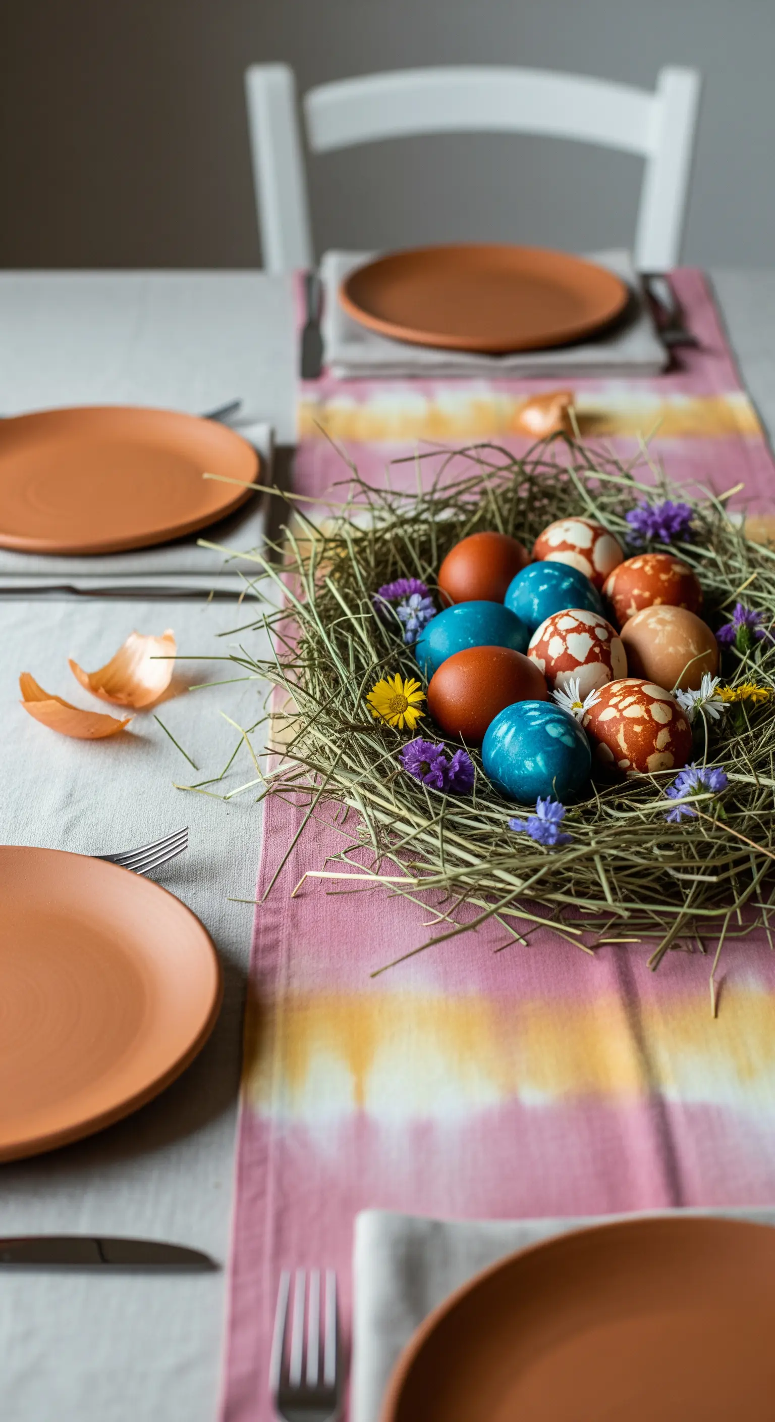 Tavola di Pasqua con runner tie-dye rosa e giallo e un nido di fieno con uova colorate