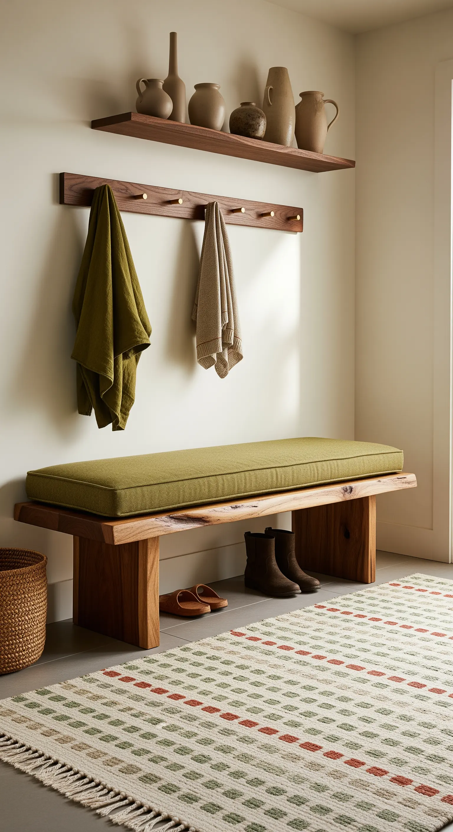 Ingresso in stile organico con panca in legno massiccio e cuscino verde oliva.