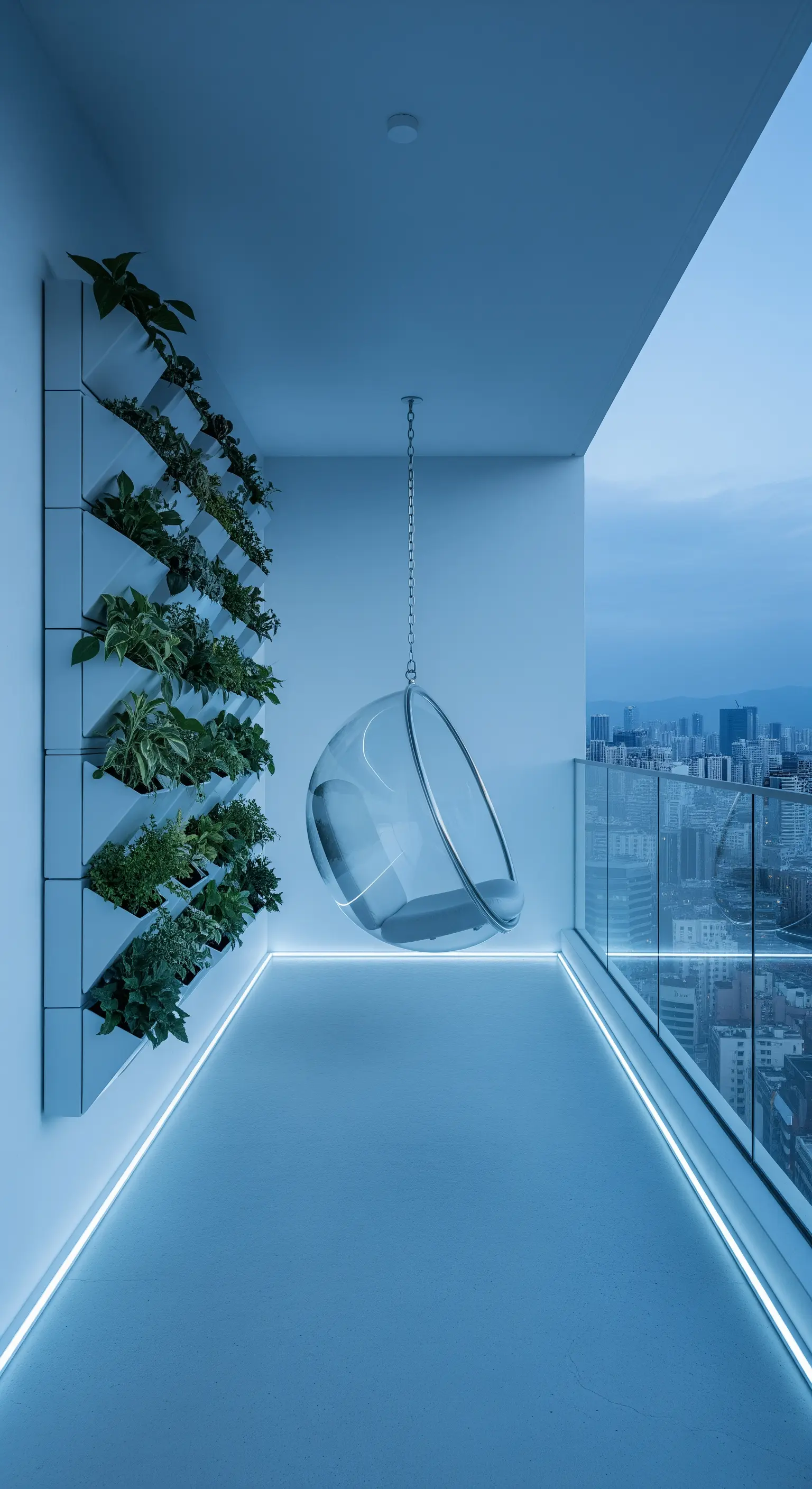 Balcone minimalista con sedia a bolla trasparente e illuminazione LED blu a pavimento.