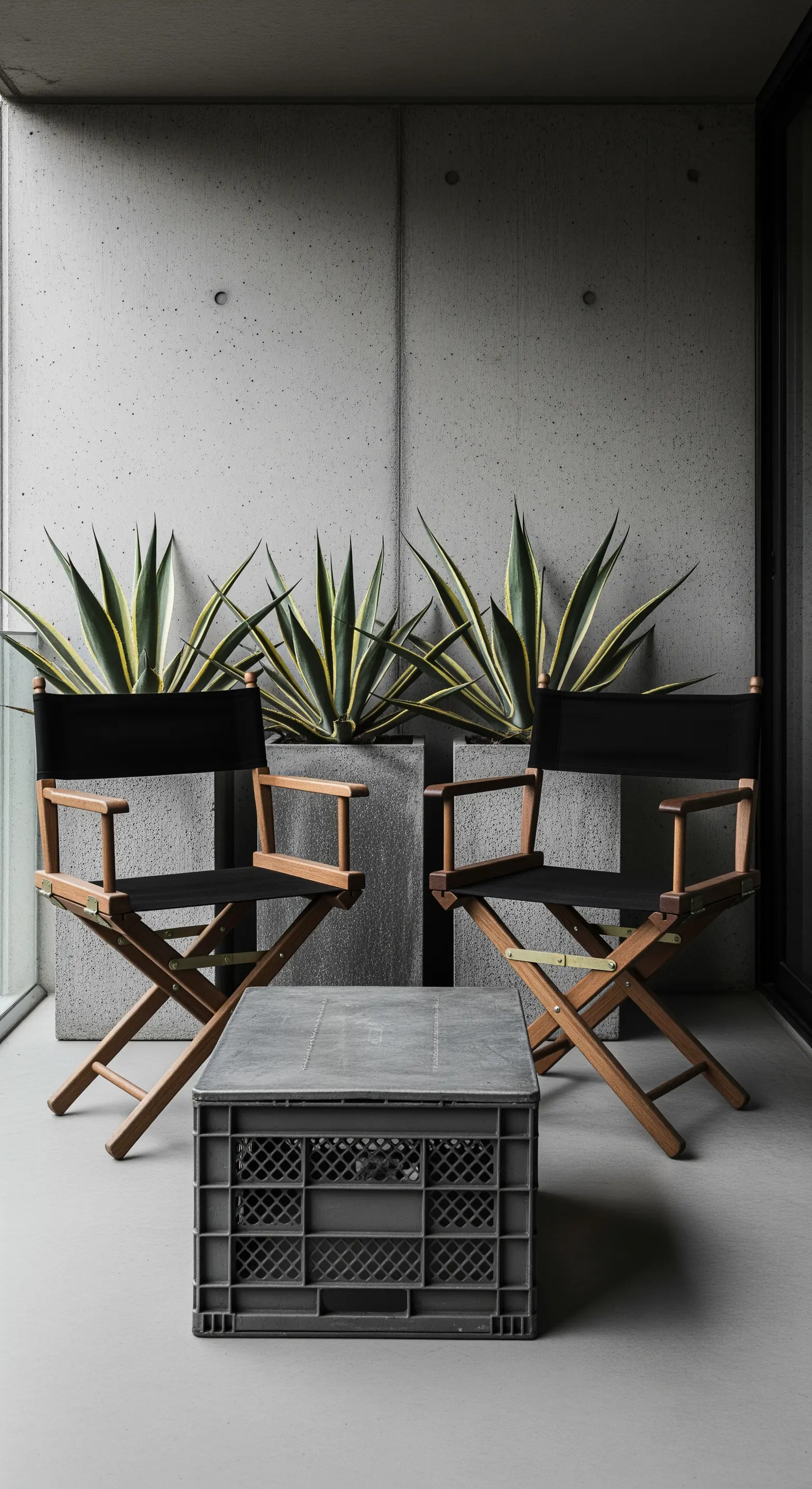 Balcone industriale con parete in cemento, sedie da regista e piante di agave.