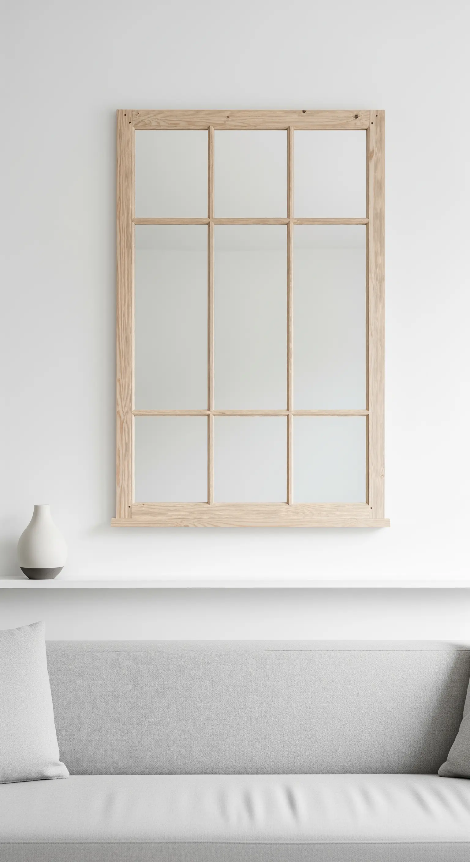 Specchio-finestra in legno chiaro con design minimalista, appoggiato su una mensola bianca.