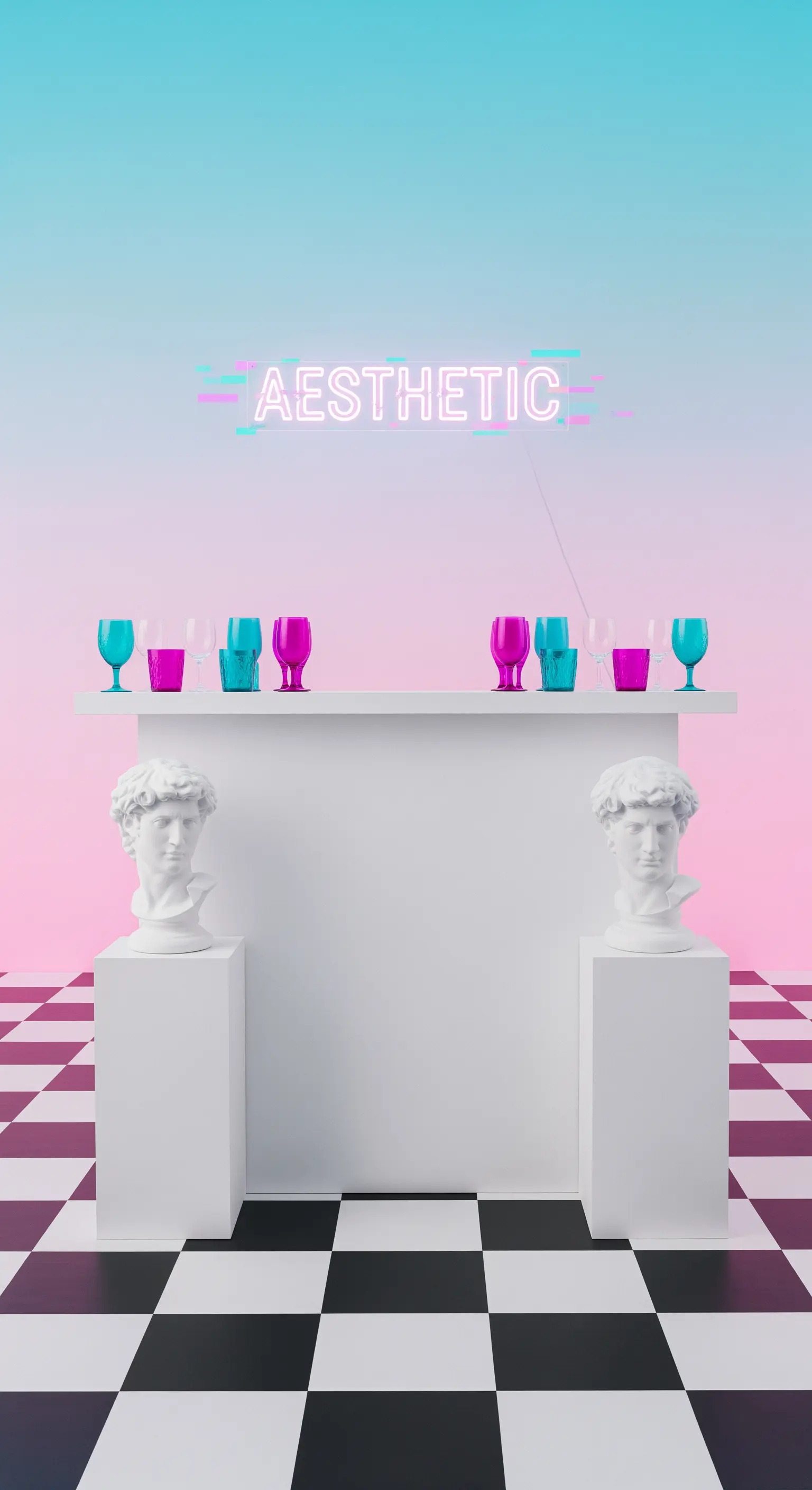 Allestimento bar in stile vaporwave con busti classici, pavimento a scacchi e neon 