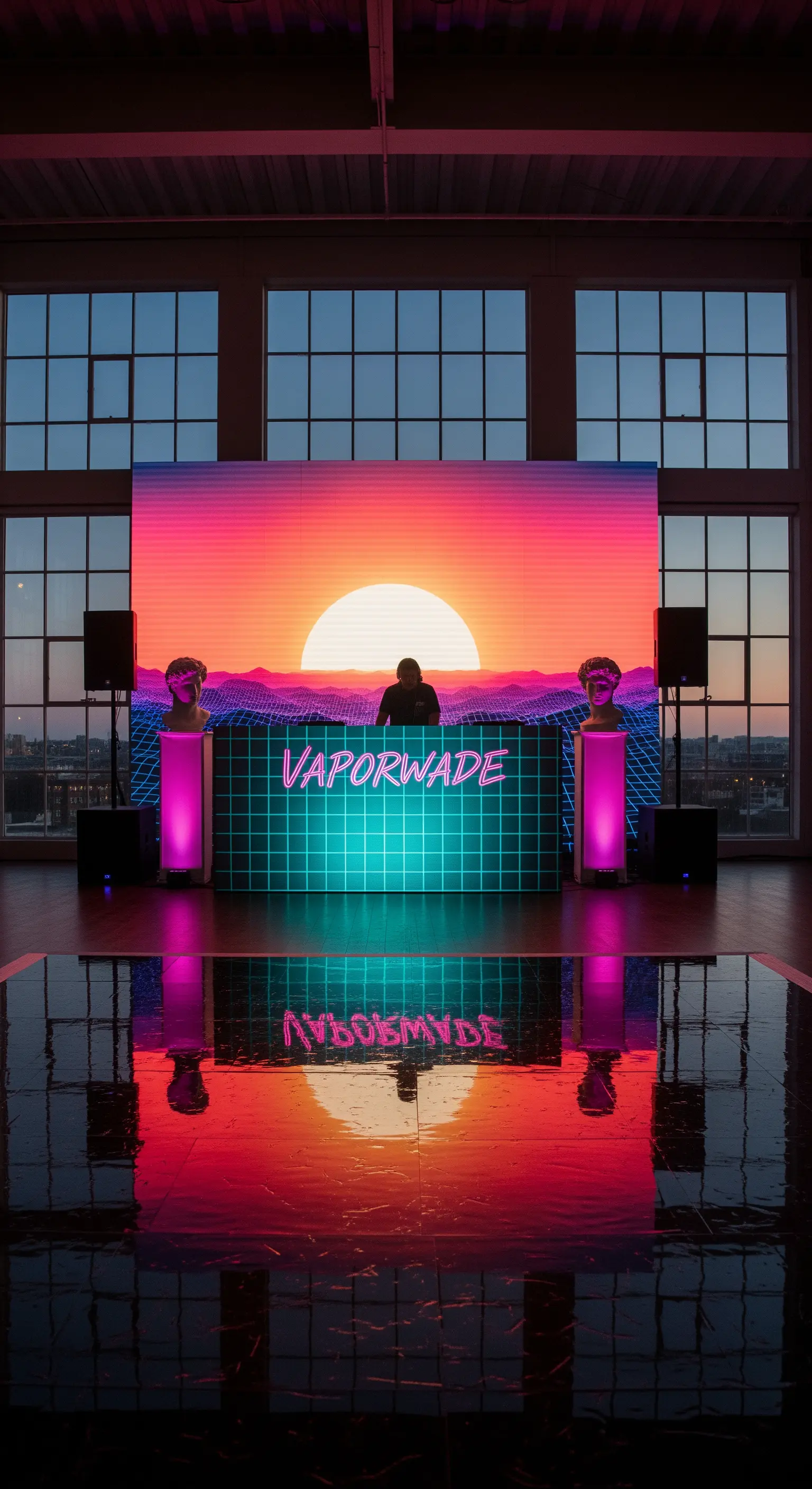 DJ booth con schermo LED che mostra un tramonto in stile vaporwave.