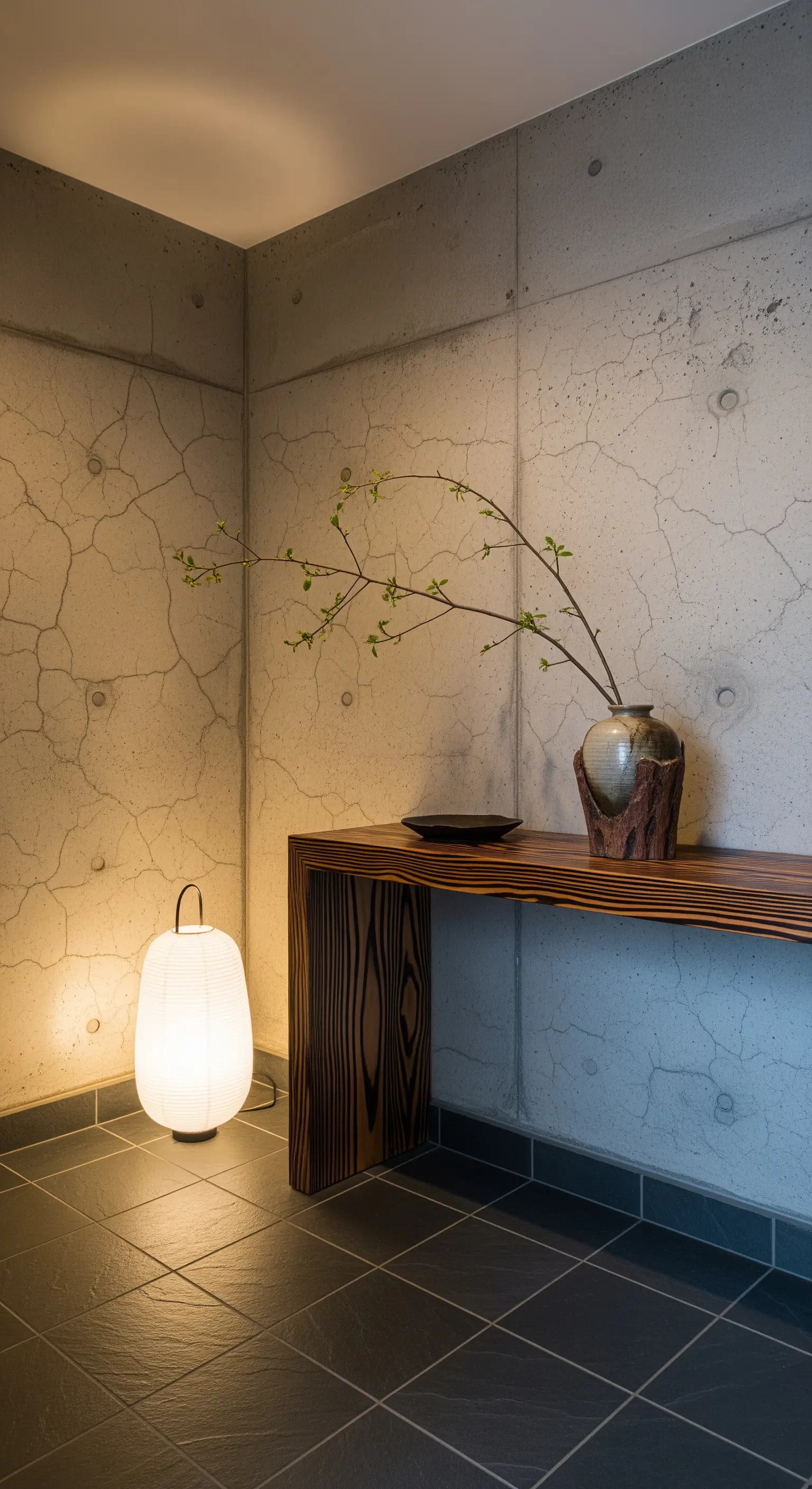 Angolo di un ingresso in stile giapponese con parete in cemento craquelé e una lanterna di carta.