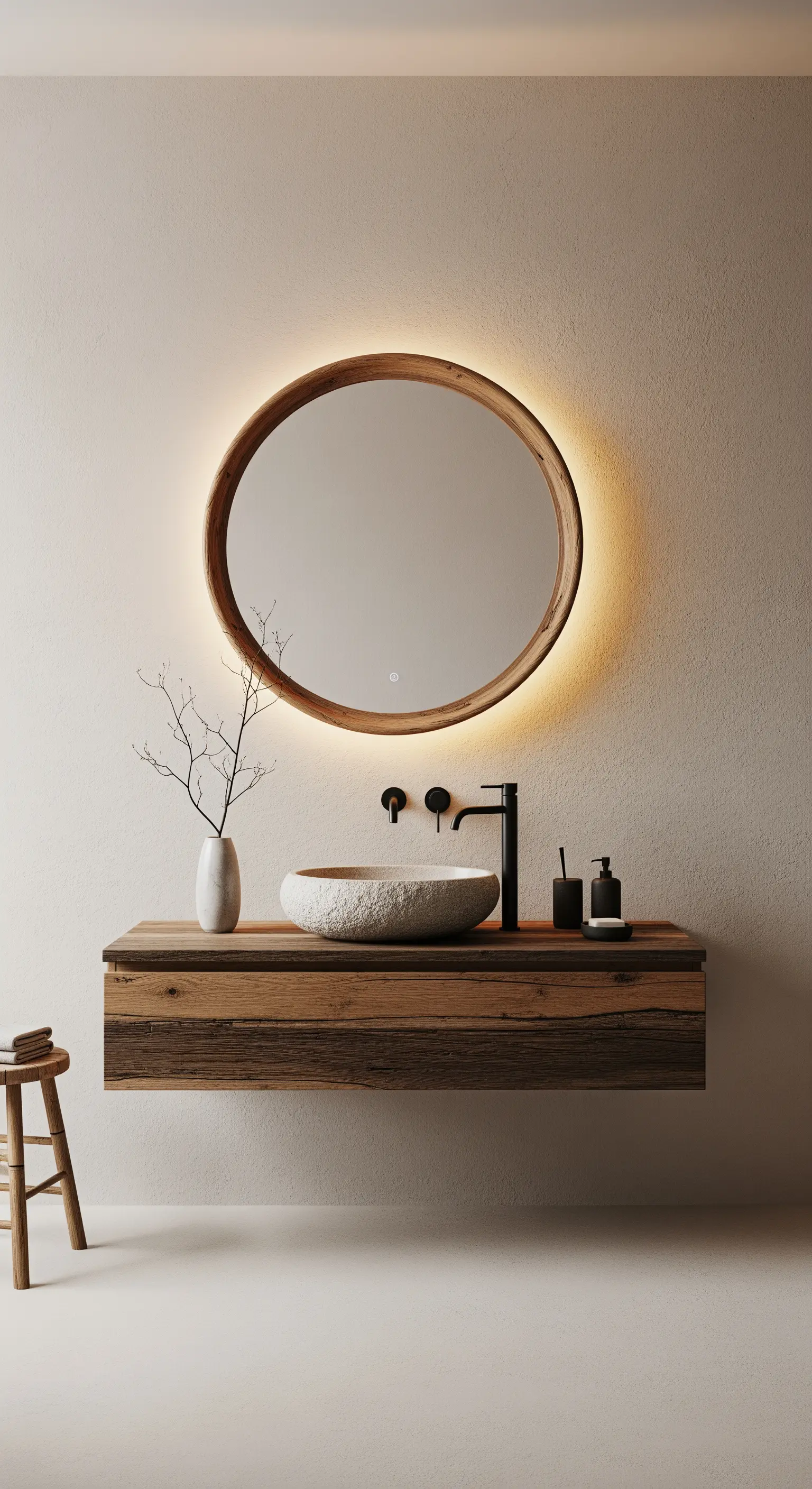 Lavabo in pietra grezza su top in legno rustico, con specchio rotondo retroilluminato.