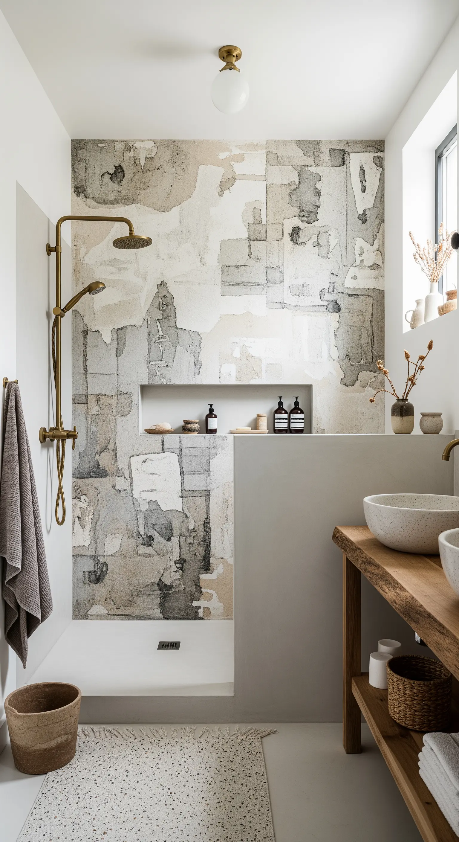 Bagno in stile wabi-sabi con murale astratto, lavabi in pietra e mobile in legno grezzo.