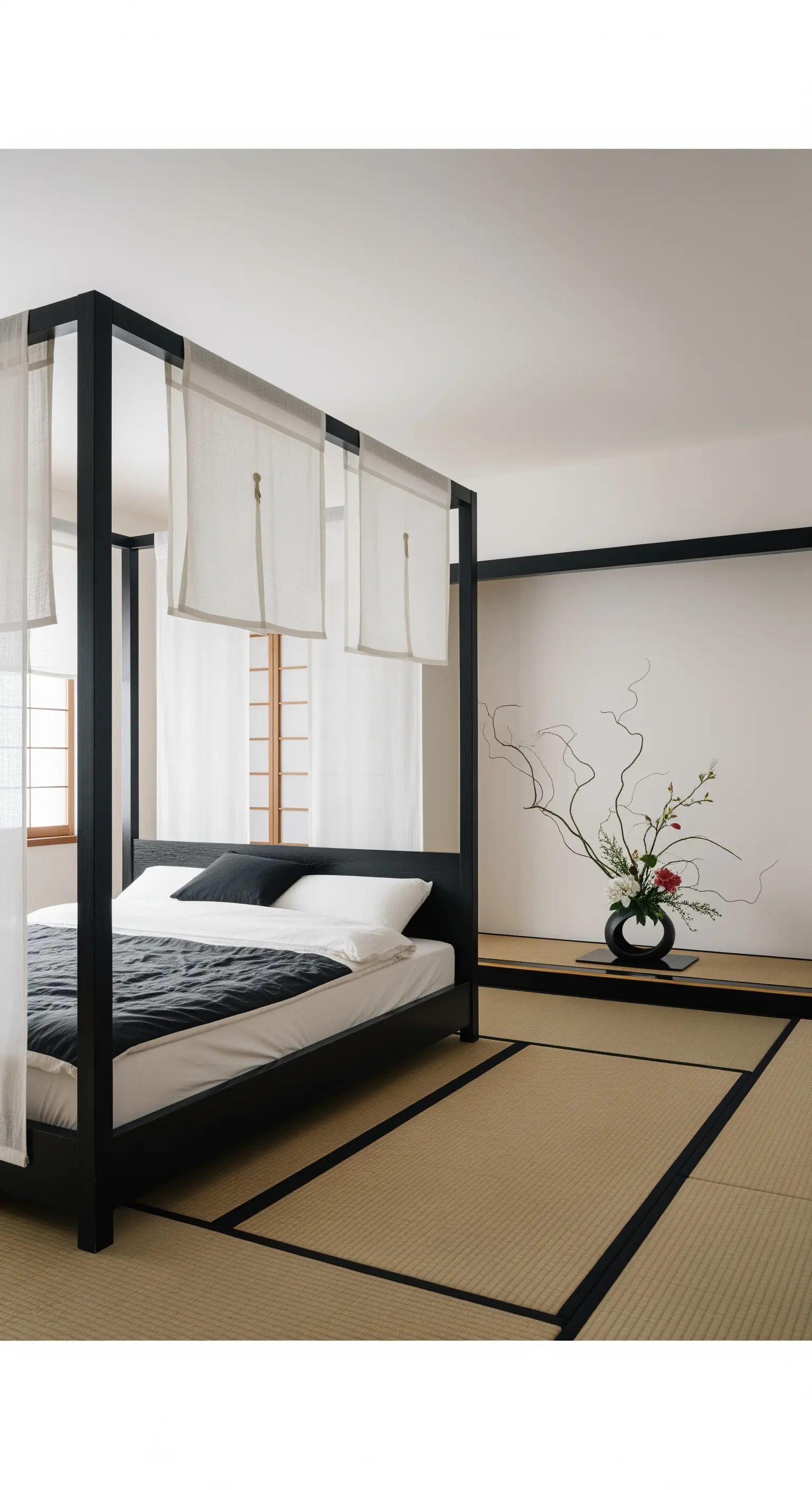 Letto a baldacchino nero in stile giapponese con pannelli di tessuto bianco e tatami.
