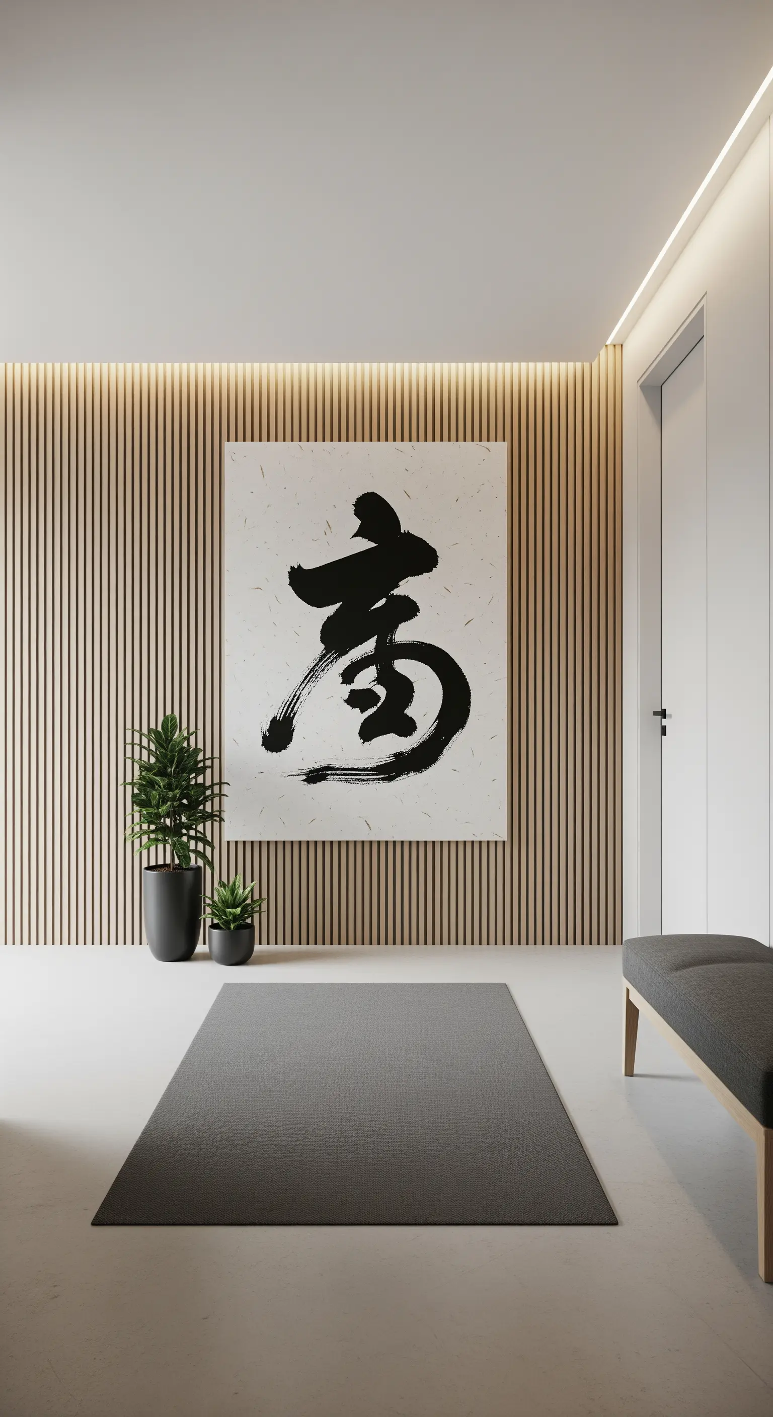 Ingresso in stile giapponese con parete a listelli, quadro calligrafico e tappeto grigio.