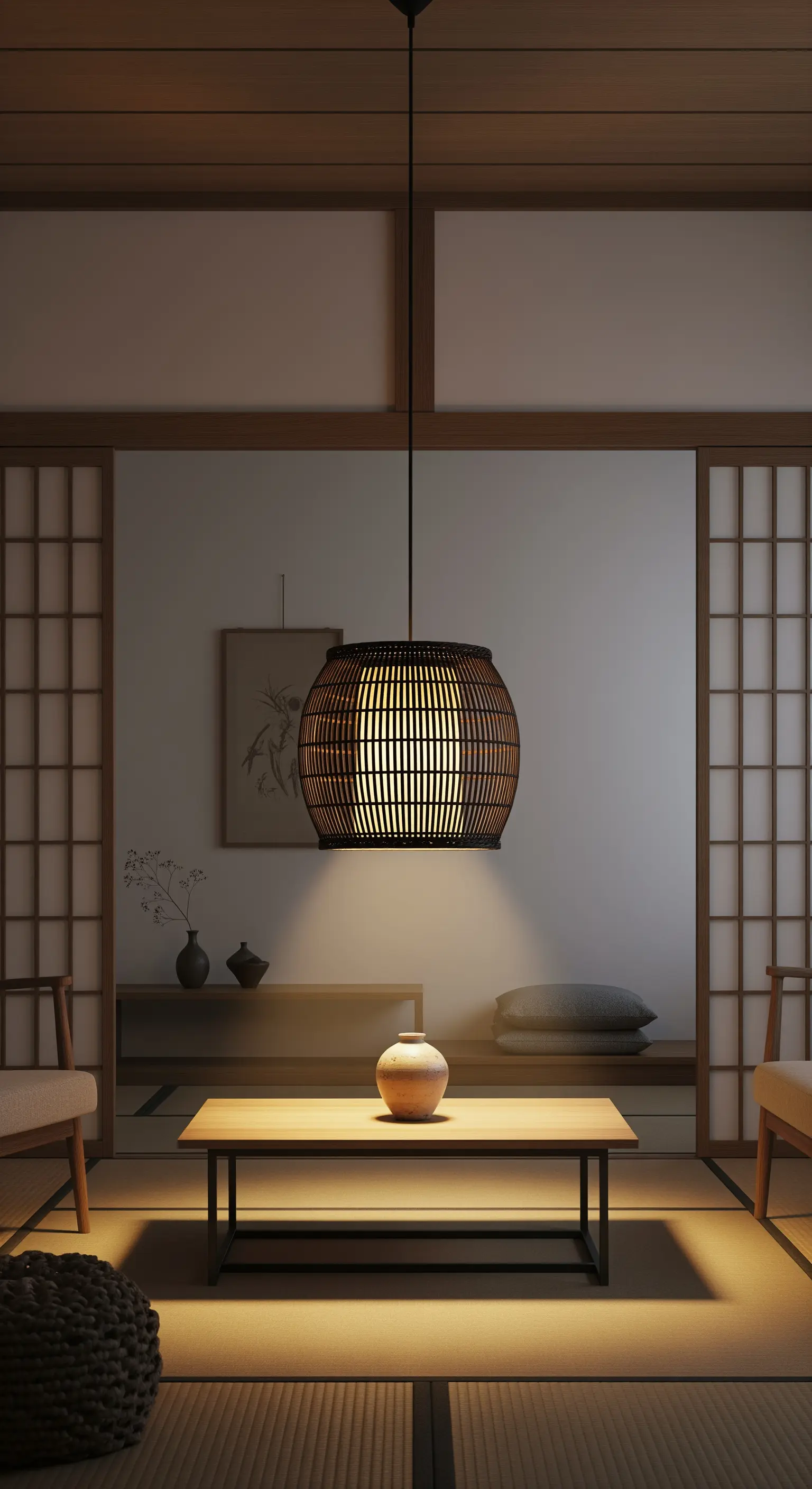 Lampadario a cestino cilindrico in stile giapponese sopra un tavolino basso.