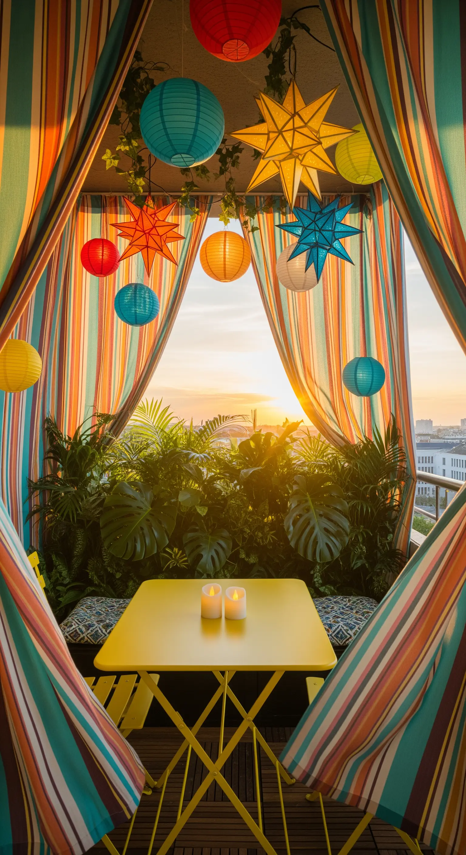 Balcone colorato con tende a righe, lanterne di carta e un tavolino giallo al tramonto.