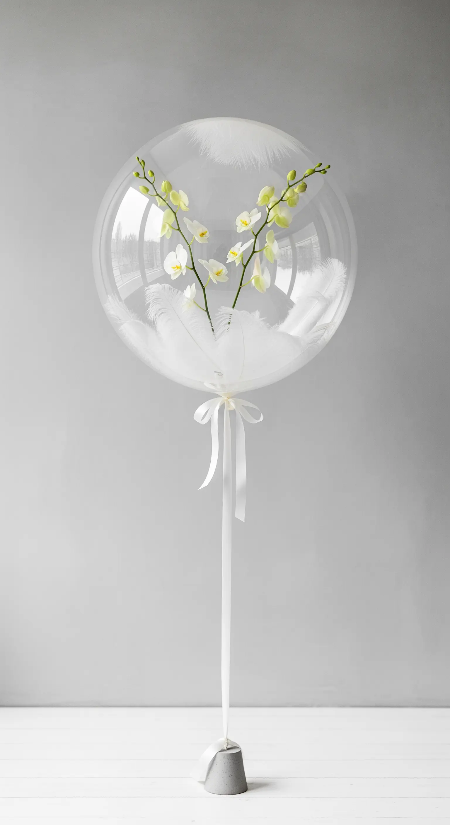 Palloncino trasparente con all'interno un'orchidea bianca e piume, legato con un nastro di raso.