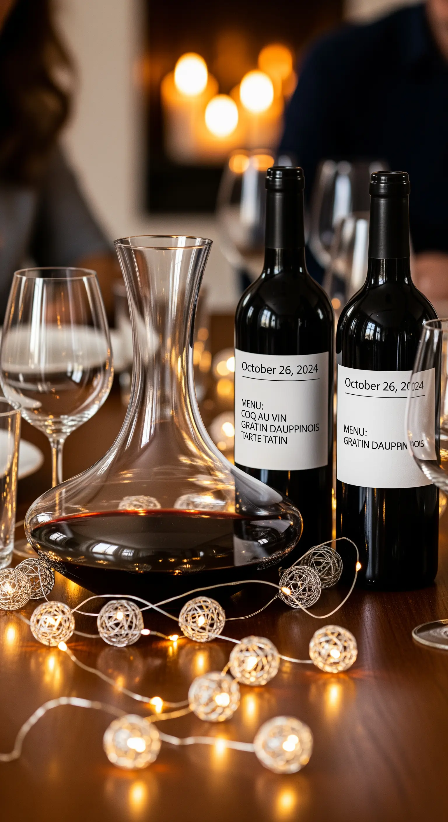 Bottiglie di vino rosso con etichette personalizzate che riportano il menù e la data della cena.