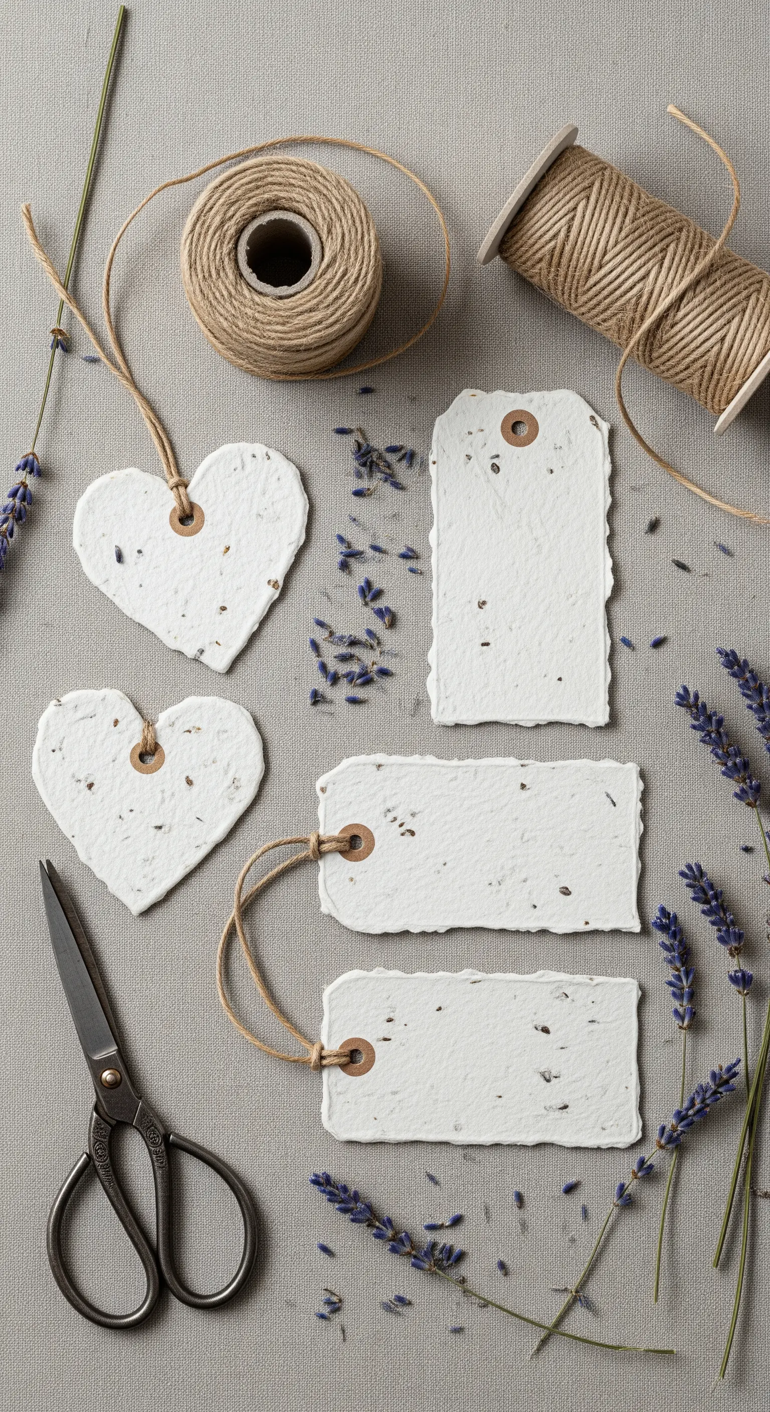 Etichette in carta riciclata fatta a mano con semi e fiori di lavanda, pronte per essere usate.