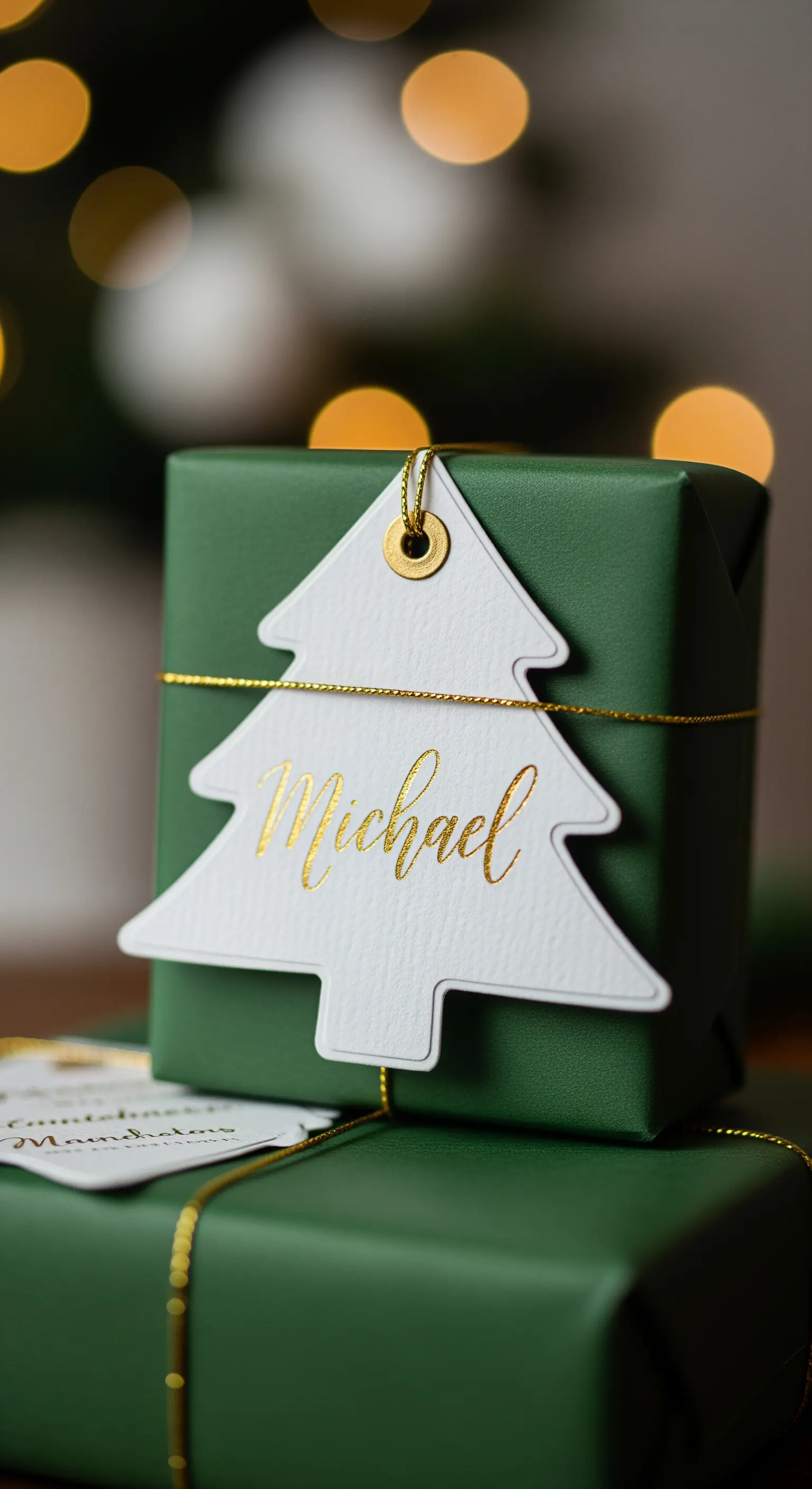 Pacco regalo verde scuro con un'etichetta a forma di albero di Natale e nome in oro.