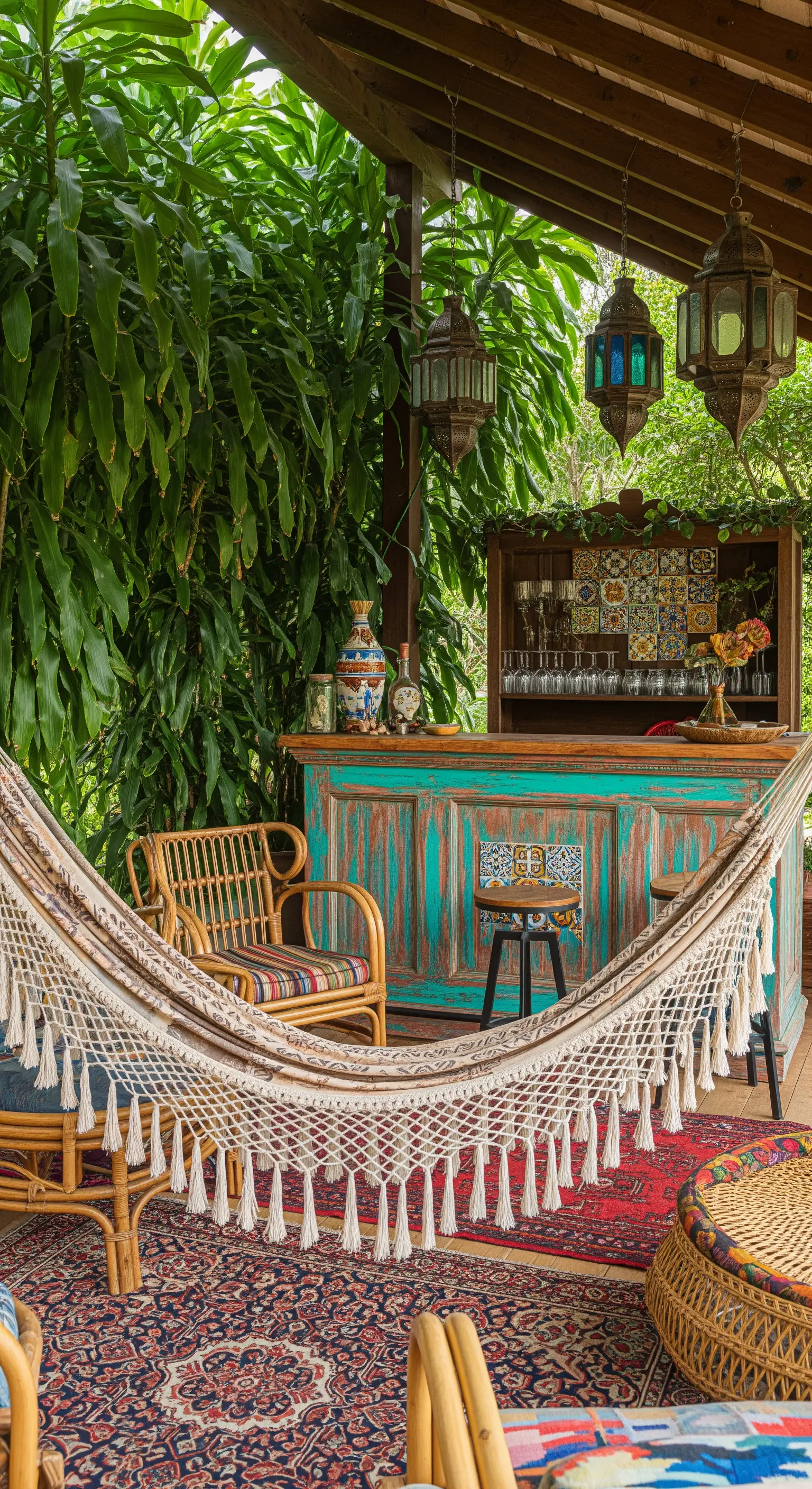 Portico bohémien con amaca, bar in legno turchese, tappeto persiano e lanterne etniche.