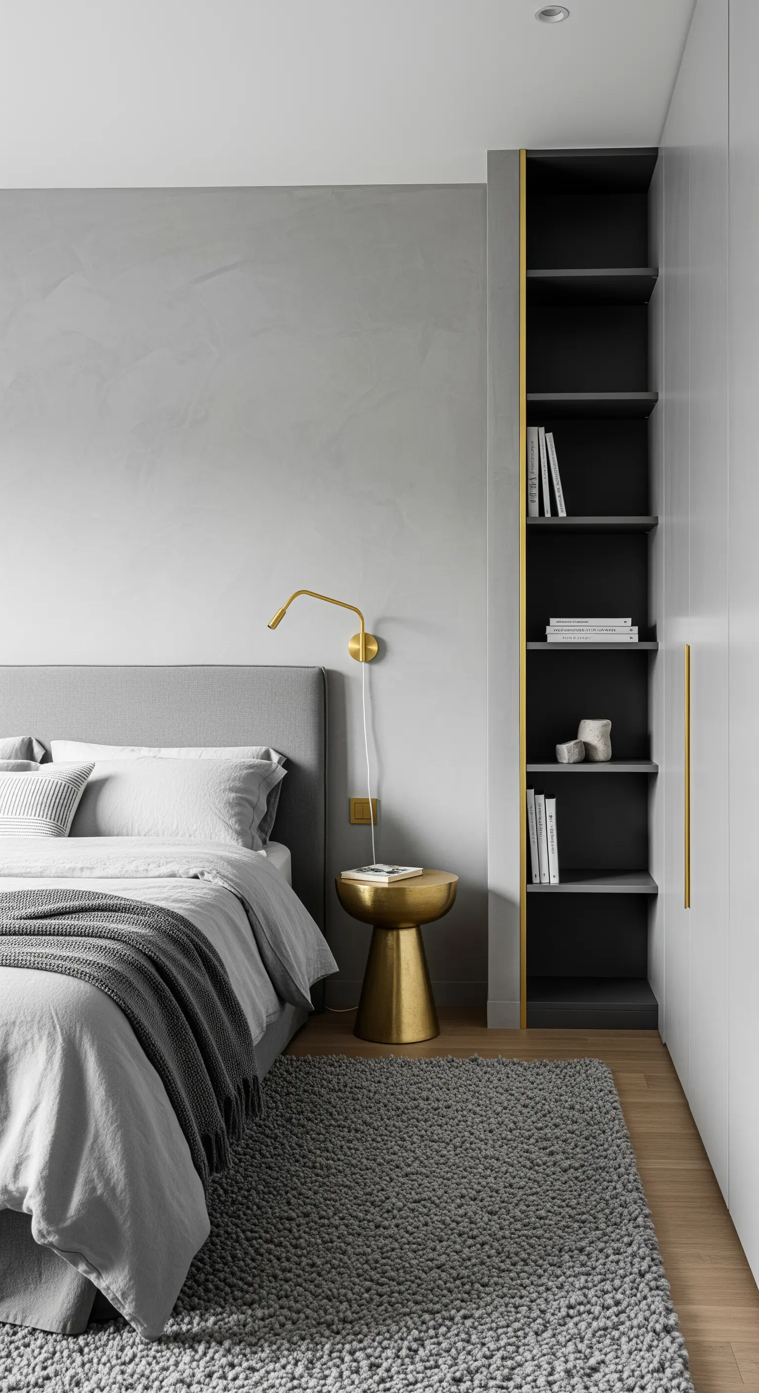 Dettaglio di una libreria a nicchia grigia con profili dorati accanto a un letto grigio.