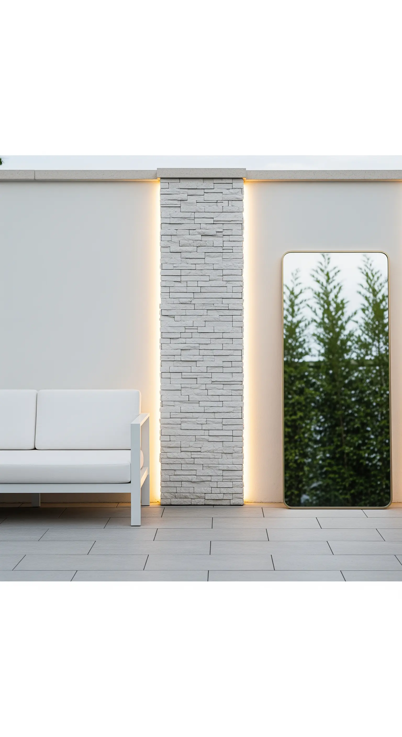 Patio minimalista con divano bianco, specchio e un pilastro in pietra illuminato da LED verticali