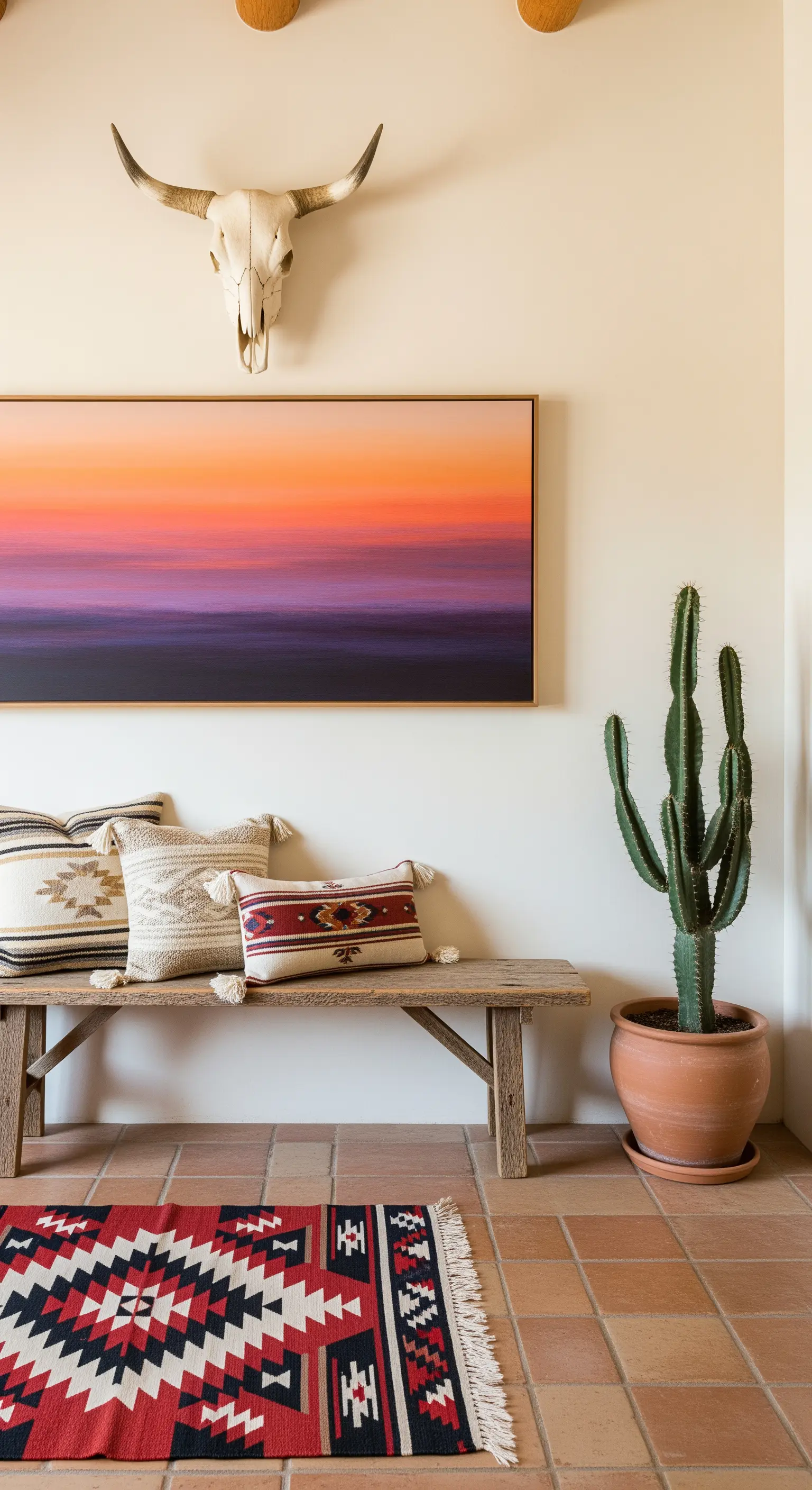 Ingresso in stile Southwestern con pavimento in cotto, panca rustica e teschio decorativo.