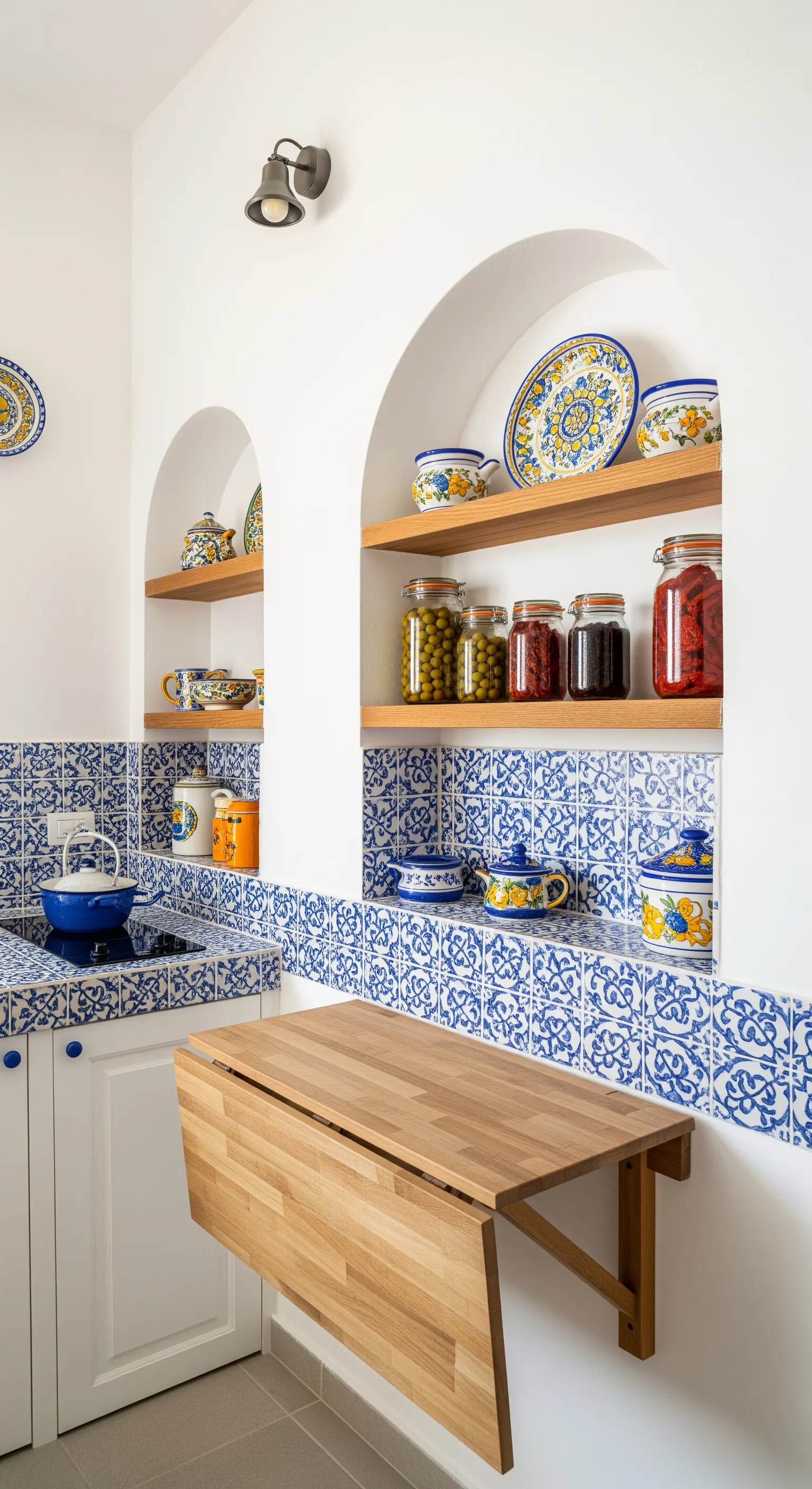 Cucina in stile mediterraneo con maioliche blu, mensole in nicchie e tavolo a ribalta in legno.