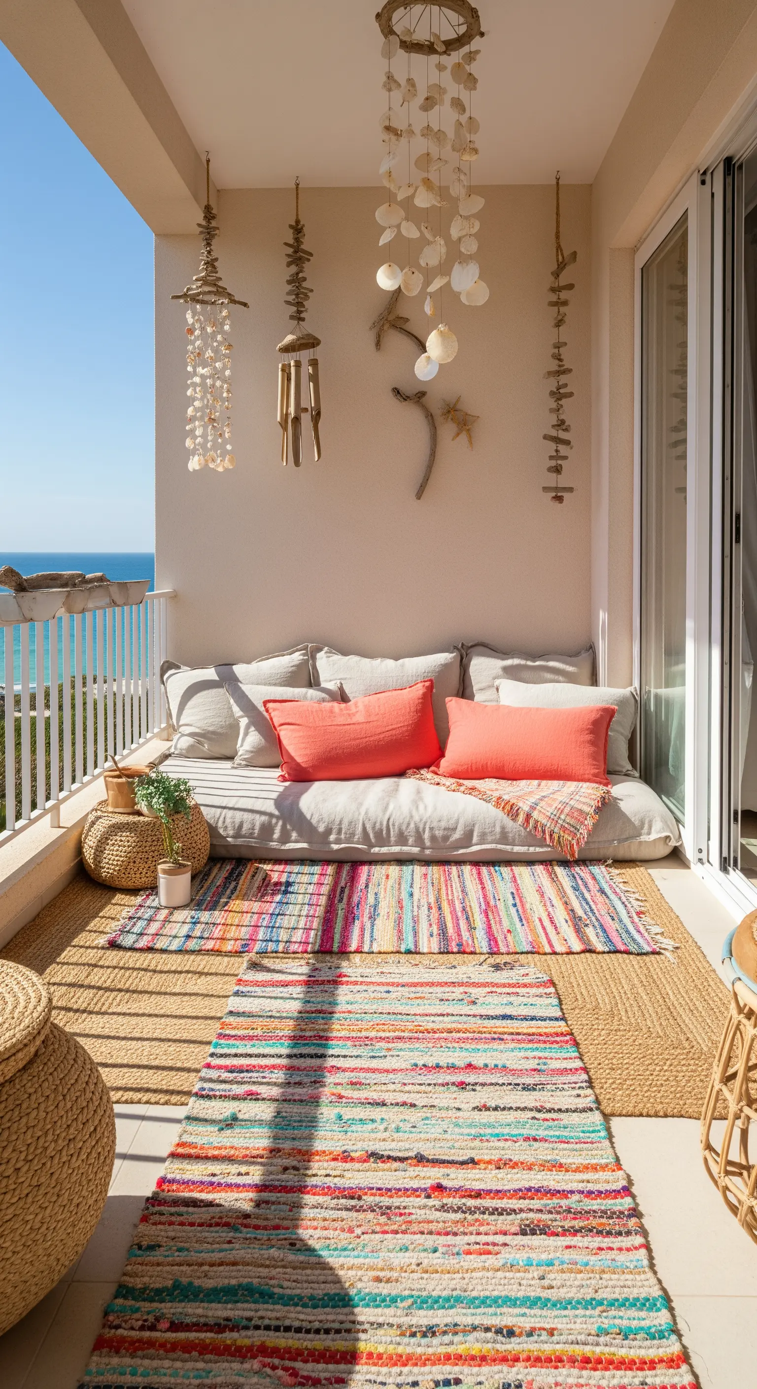 Balcone con vista mare, tappeti in juta e cotone, e decorazioni murali con conchiglie.