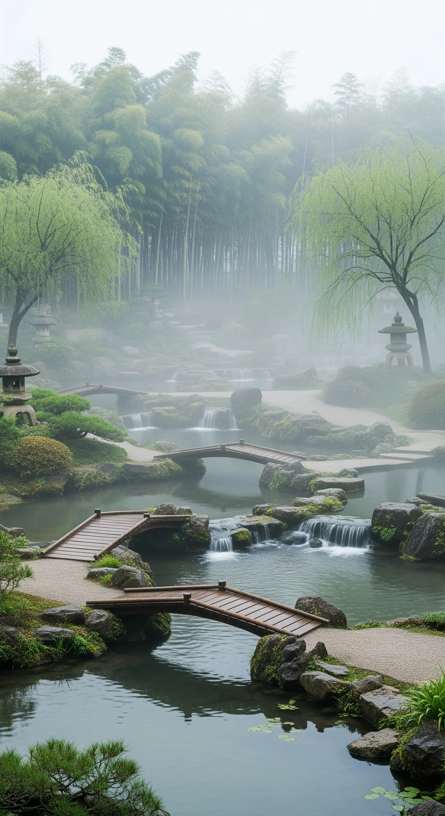 Giardino giapponese con ponti e cascate avvolto in una fitta nebbia.