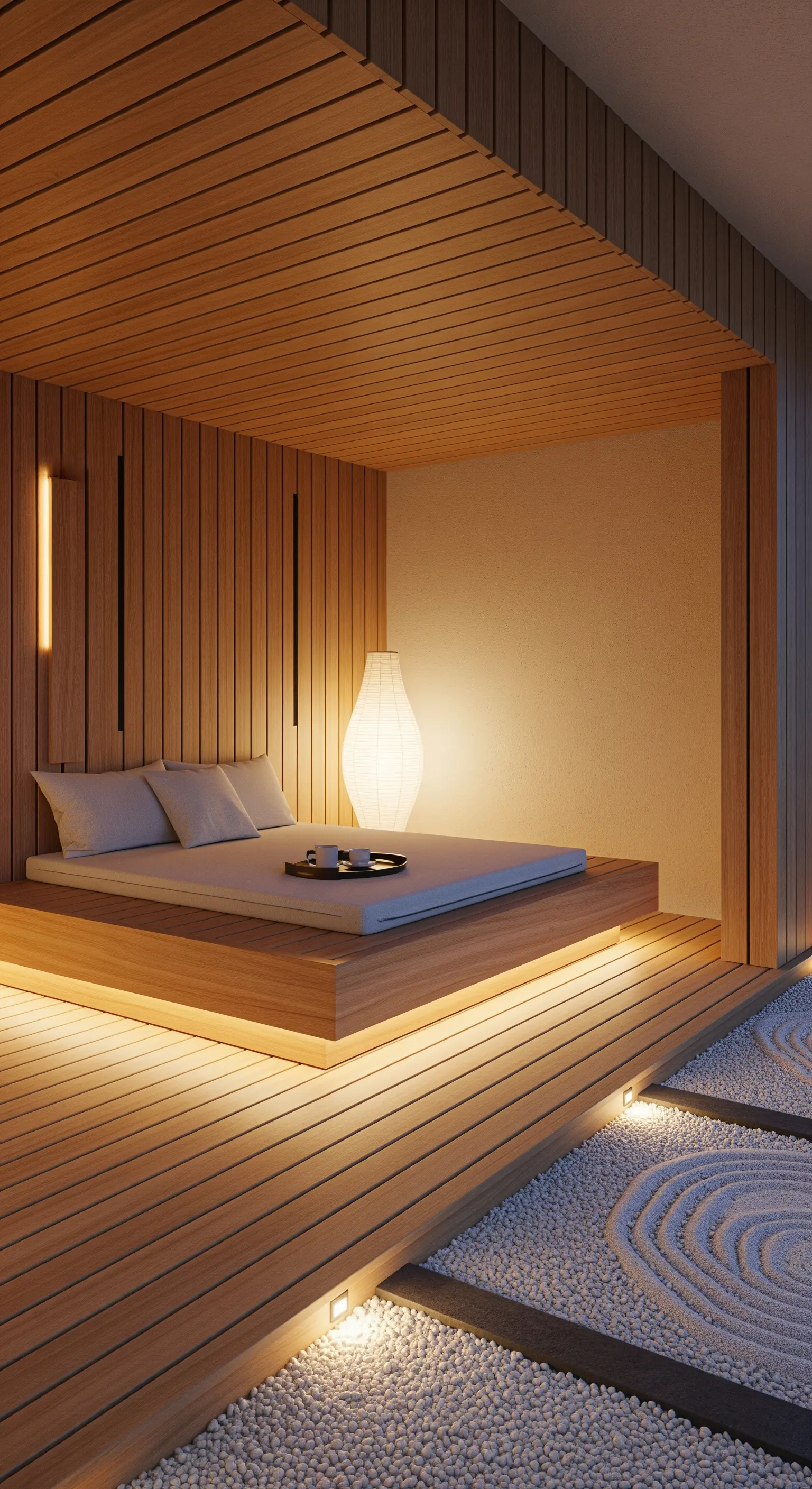 Angolo relax in stile giapponese con pedana illuminata, materasso basso e giardino di ciottoli