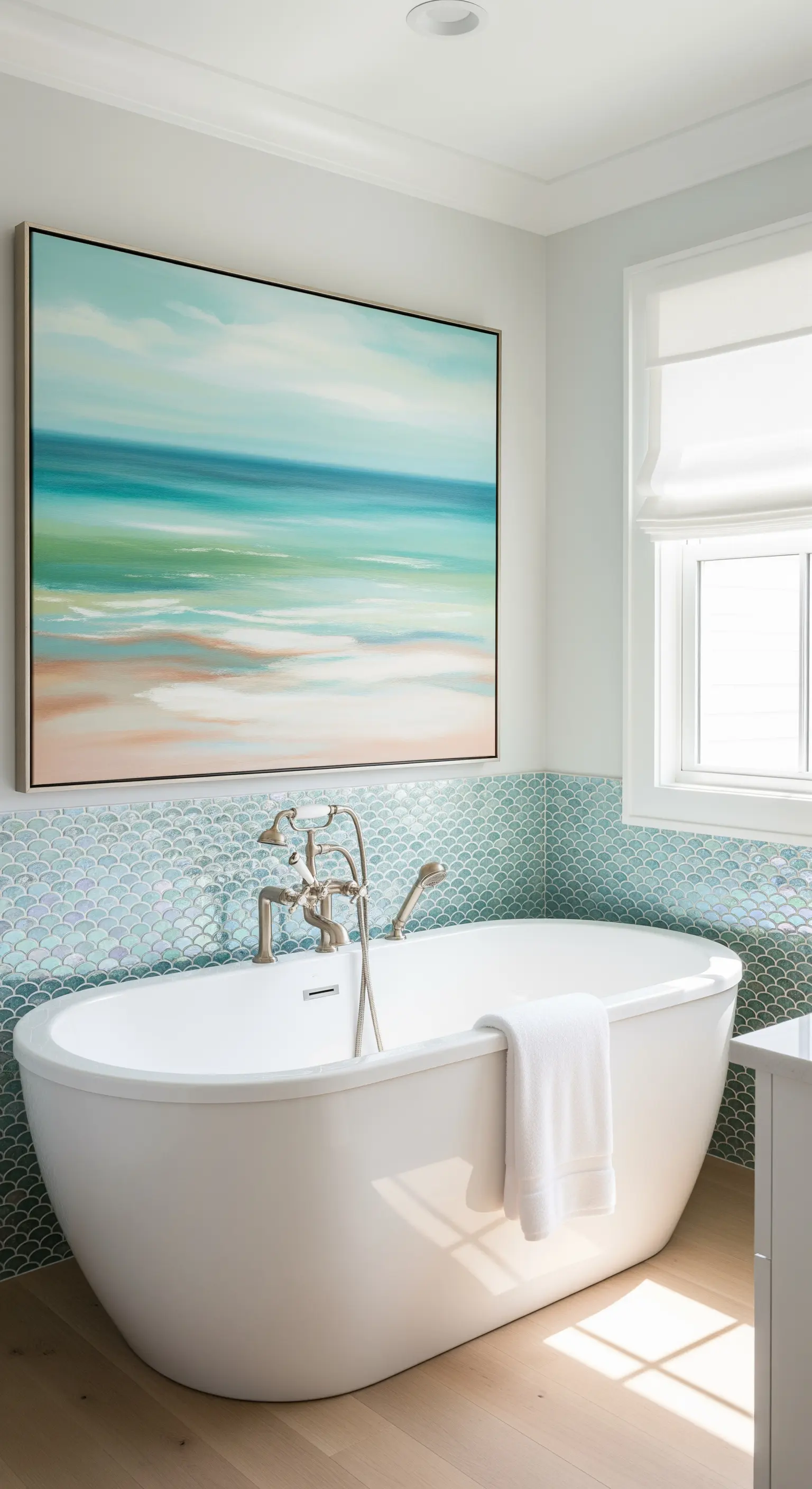 Bagno con piastrelle a squama azzurre e un dipinto astratto di un paesaggio marino.