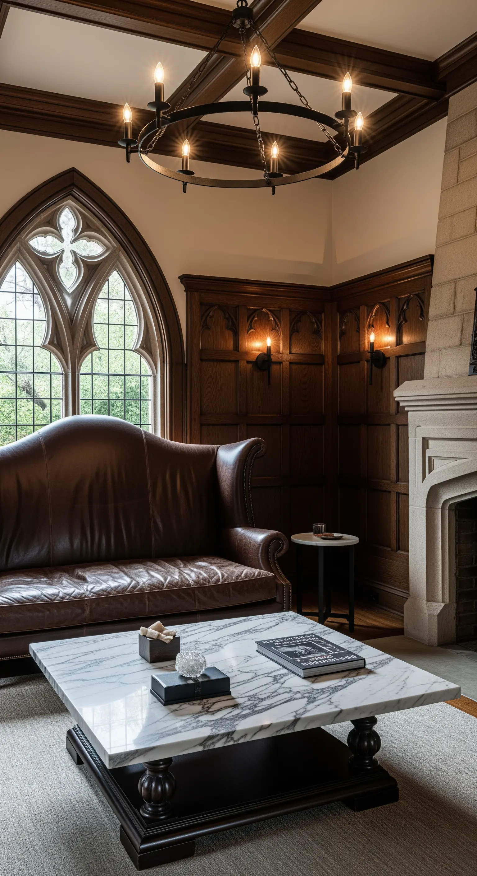 Salotto in stile gotico con boiserie scura, divano wingback in pelle e finestra ad arco.