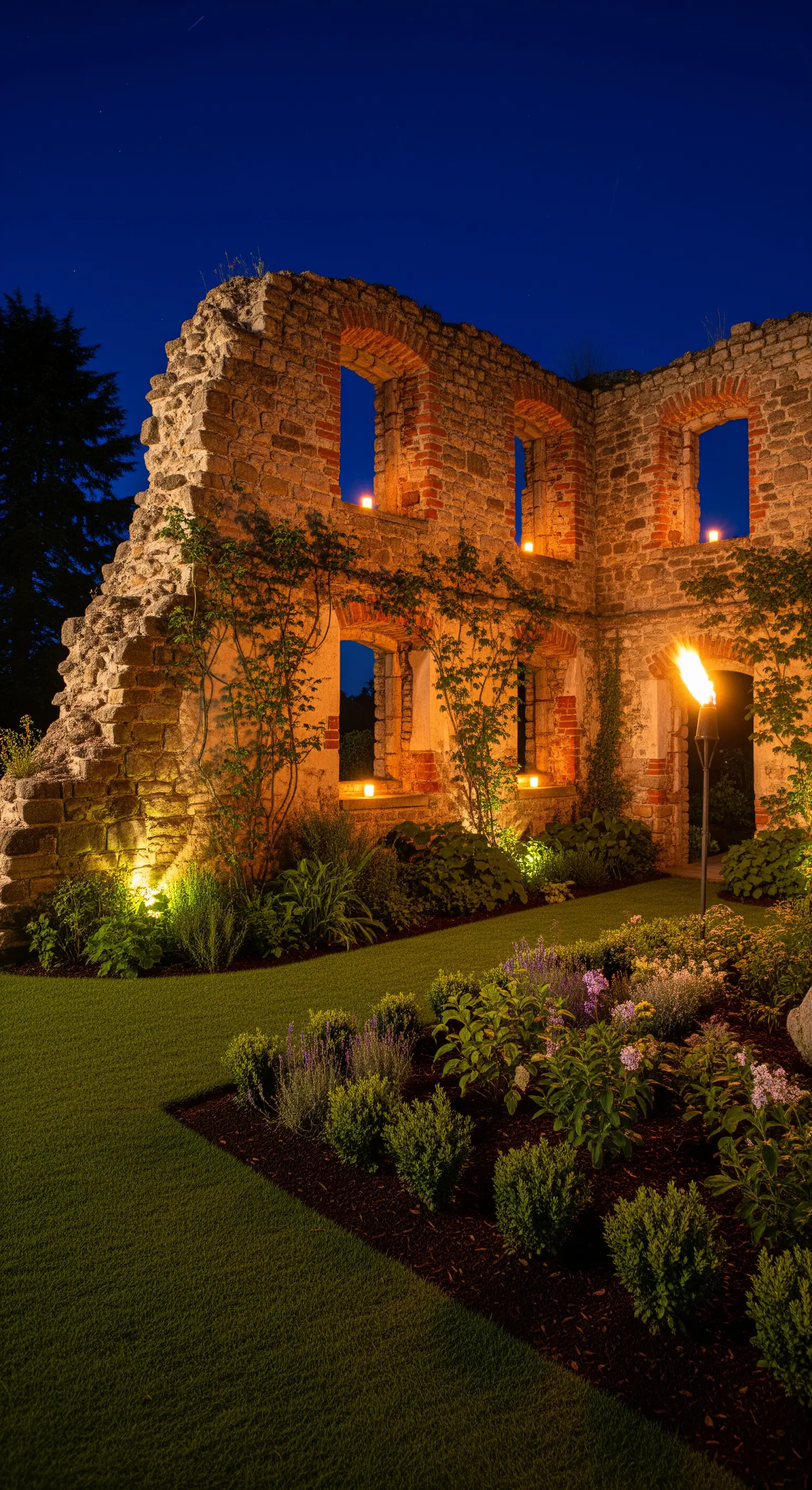 Rovine di un edificio in mattoni con candele sui davanzali e piante illuminate alla base.