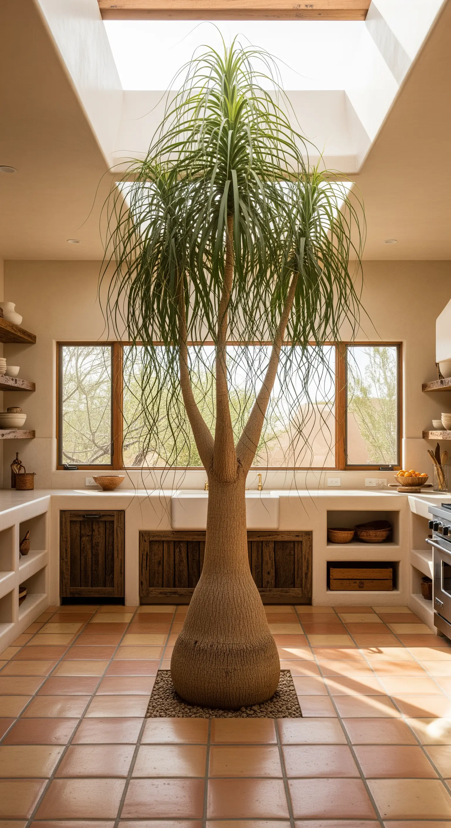 Grande Beaucarnea recurvata che cresce dal pavimento al centro di una cucina in stile desertico.