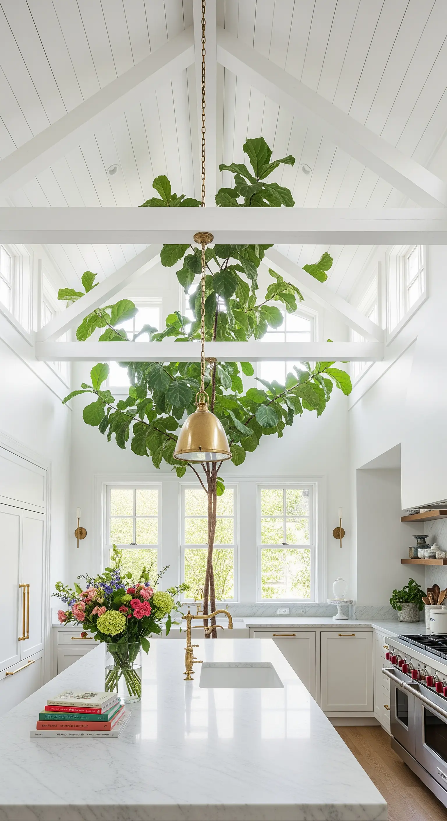 Grande albero che cresce attraverso le travi bianche del soffitto a volta di una cucina.