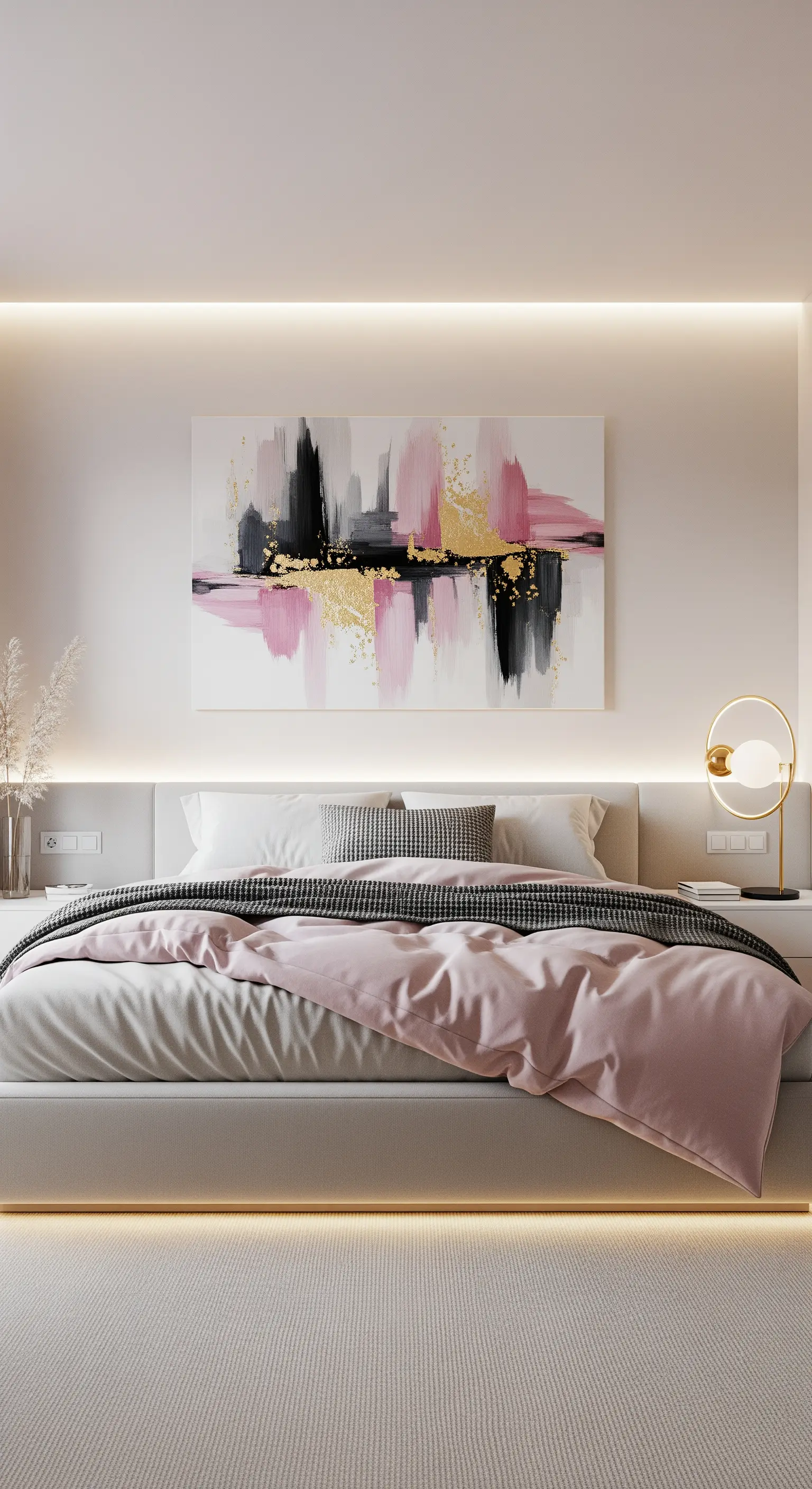 Letto moderno con quadro astratto rosa, nero e oro e illuminazione a LED integrata.