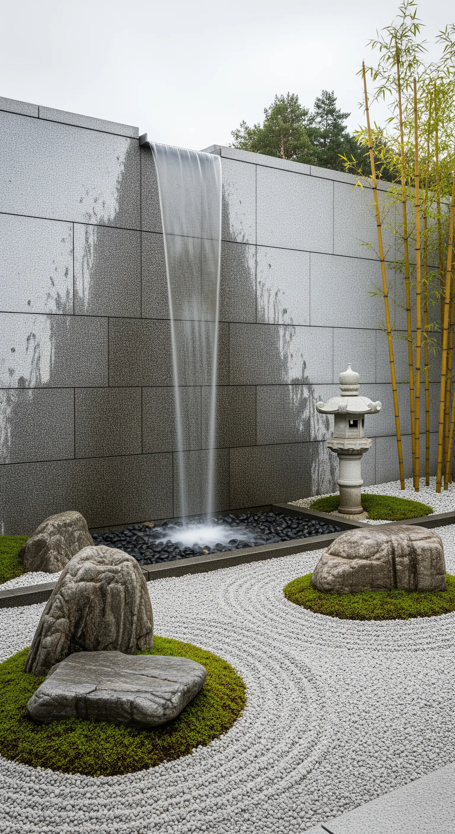 Cascata moderna a velo su una parete di granito in un giardino zen minimalista.