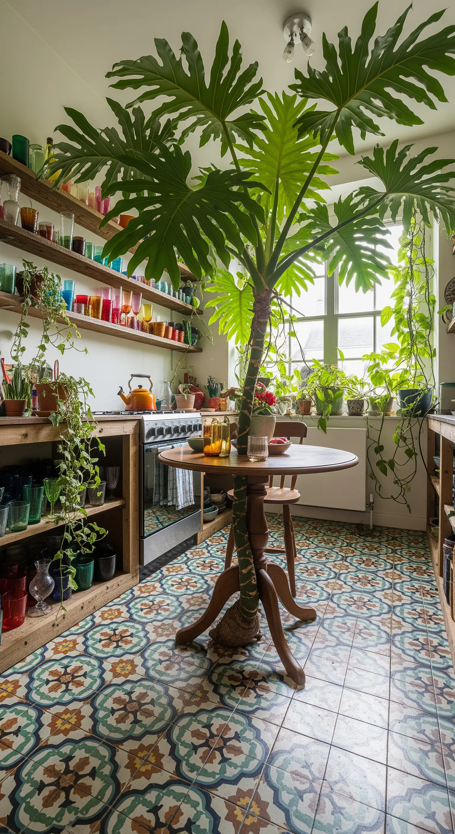 Grande pianta tropicale al centro di una cucina eclettica con piastrelle colorate.