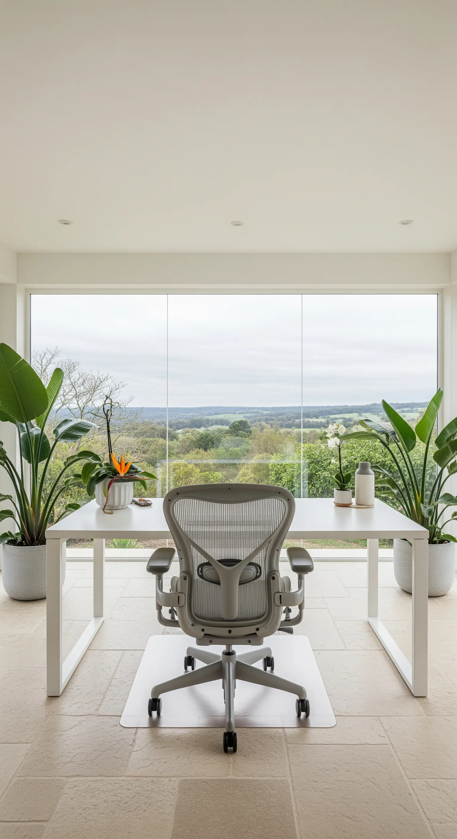 Scrivania bianca minimalista posizionata di fronte a una vetrata a tutta parete con vista sulla campagna.