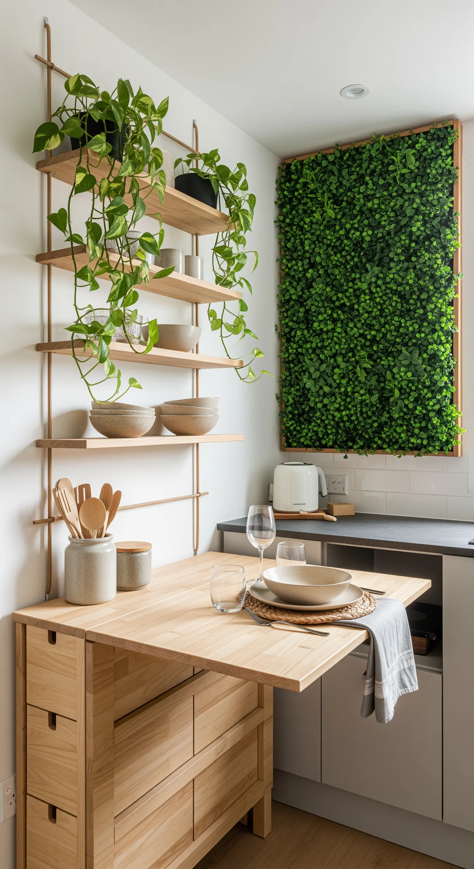 Cucina moderna con parete vegetale, mensole con piante e un tavolo estraibile in legno chiaro.