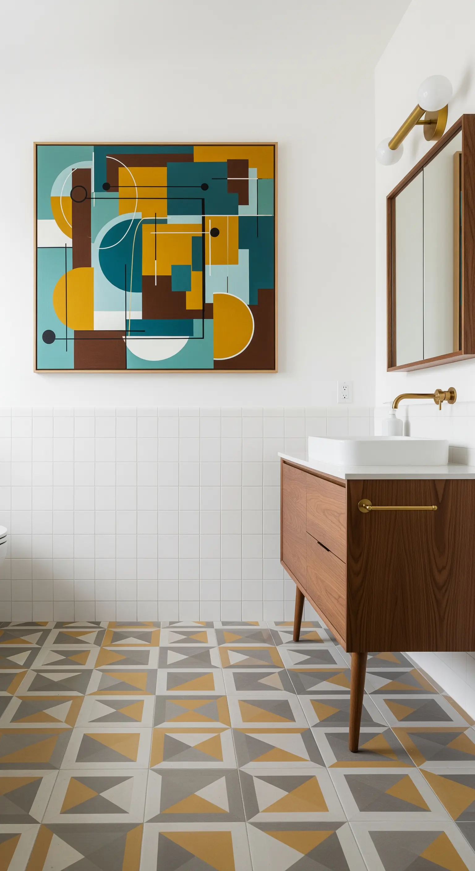 Bagno Mid-century con piastrelle geometriche e un quadro astratto coordinato per forme e colori.