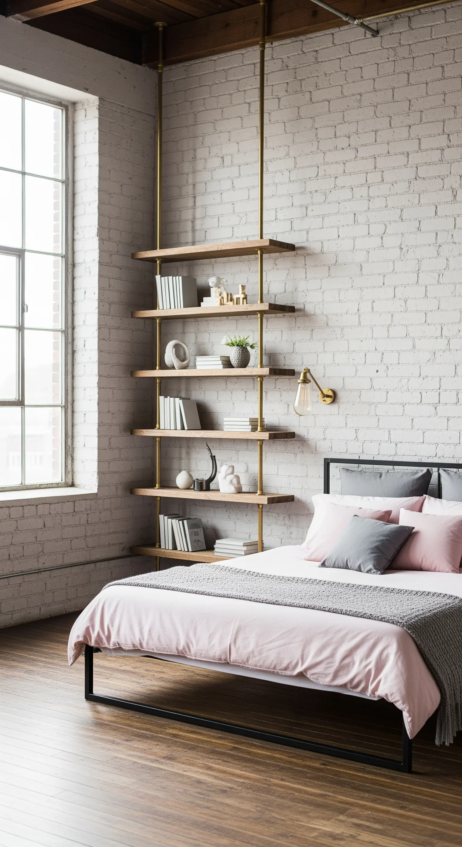 Camera da letto industrial con parete di mattoni, letto nero e biancheria rosa.