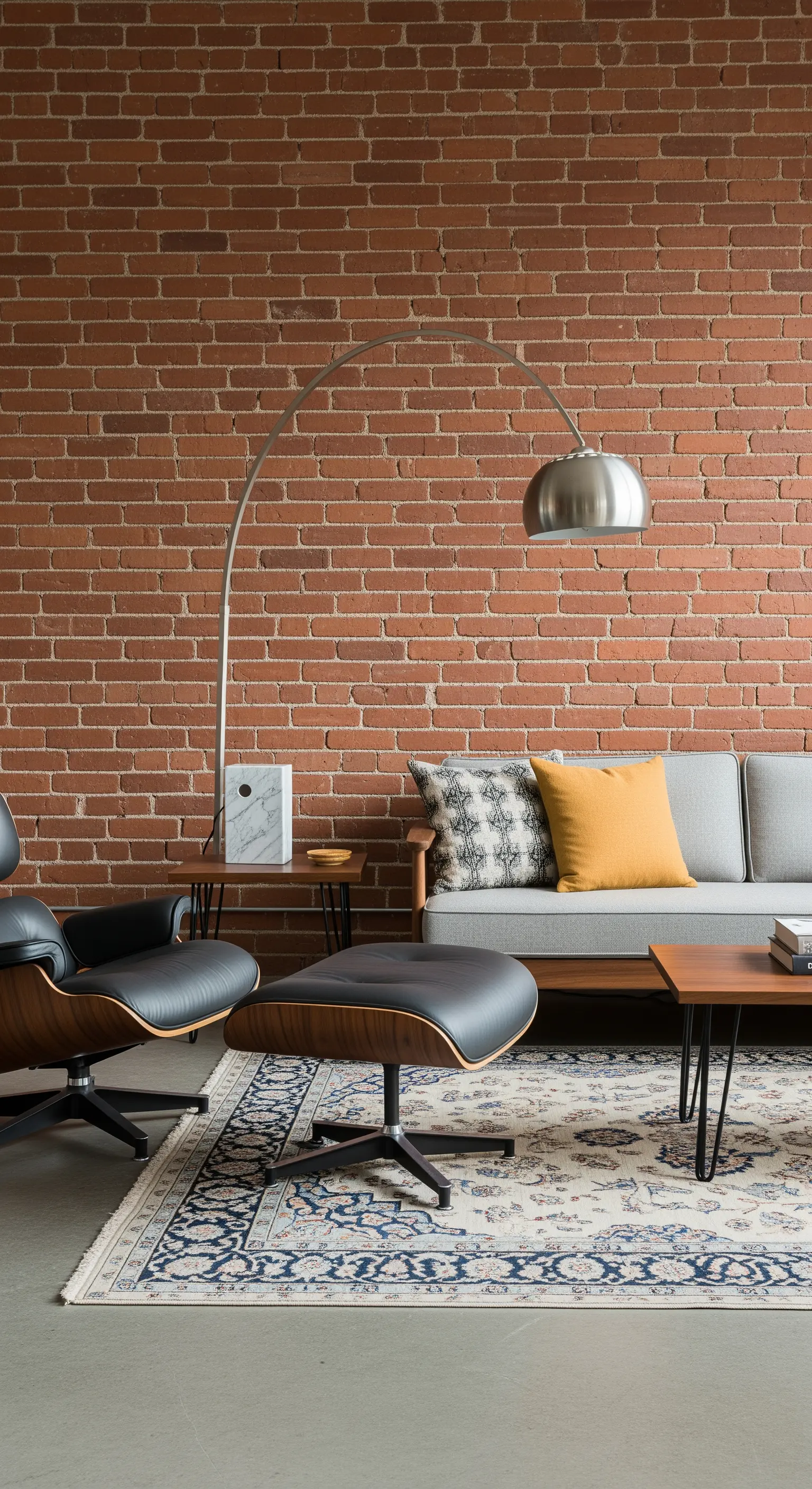 Salotto con parete in mattoni, poltrona Eames e lampada ad arco in stile Mid-Century.
