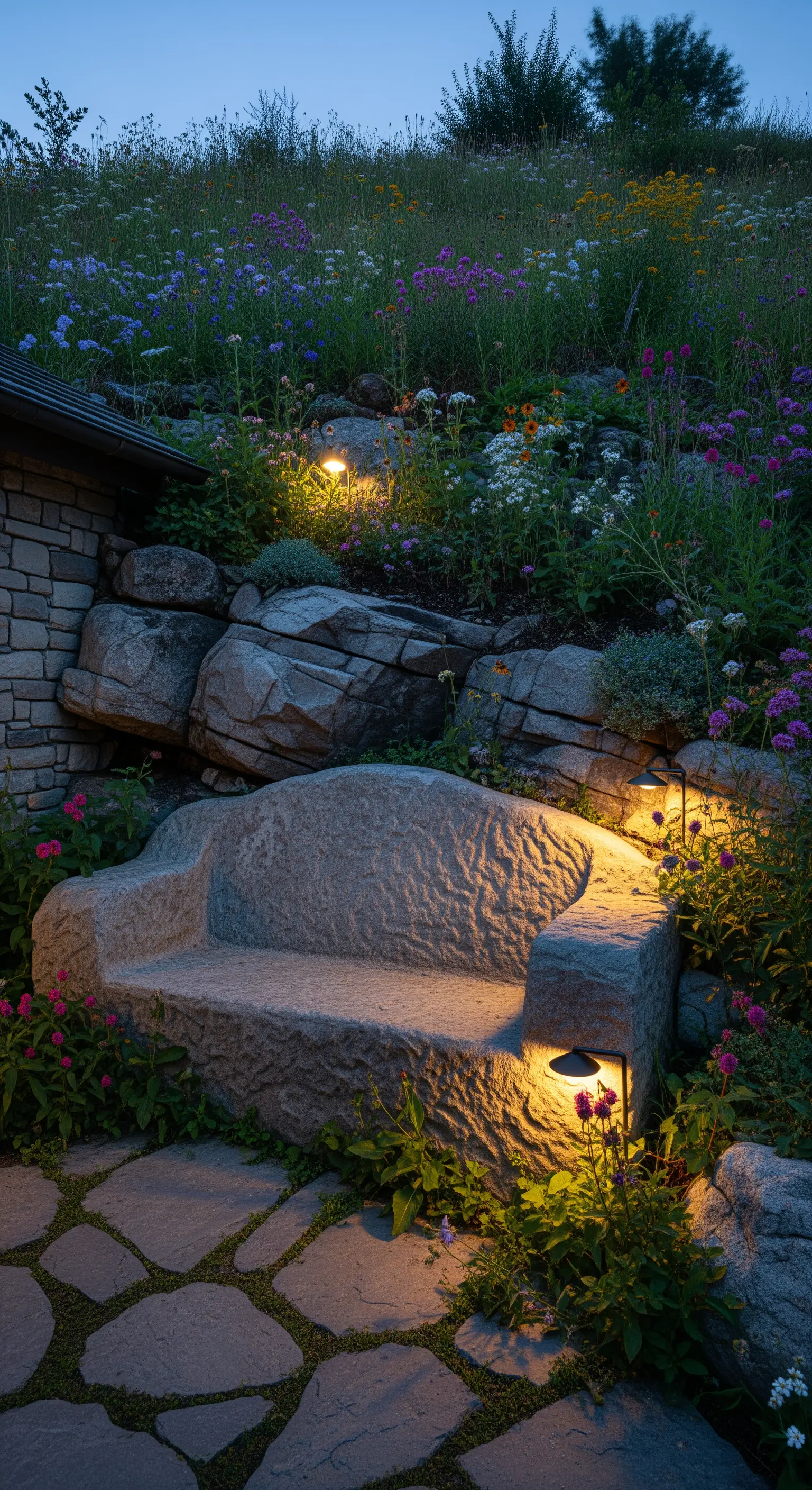 Panca scultorea in pietra incastonata in una collina fiorita, illuminata da faretti nascosti