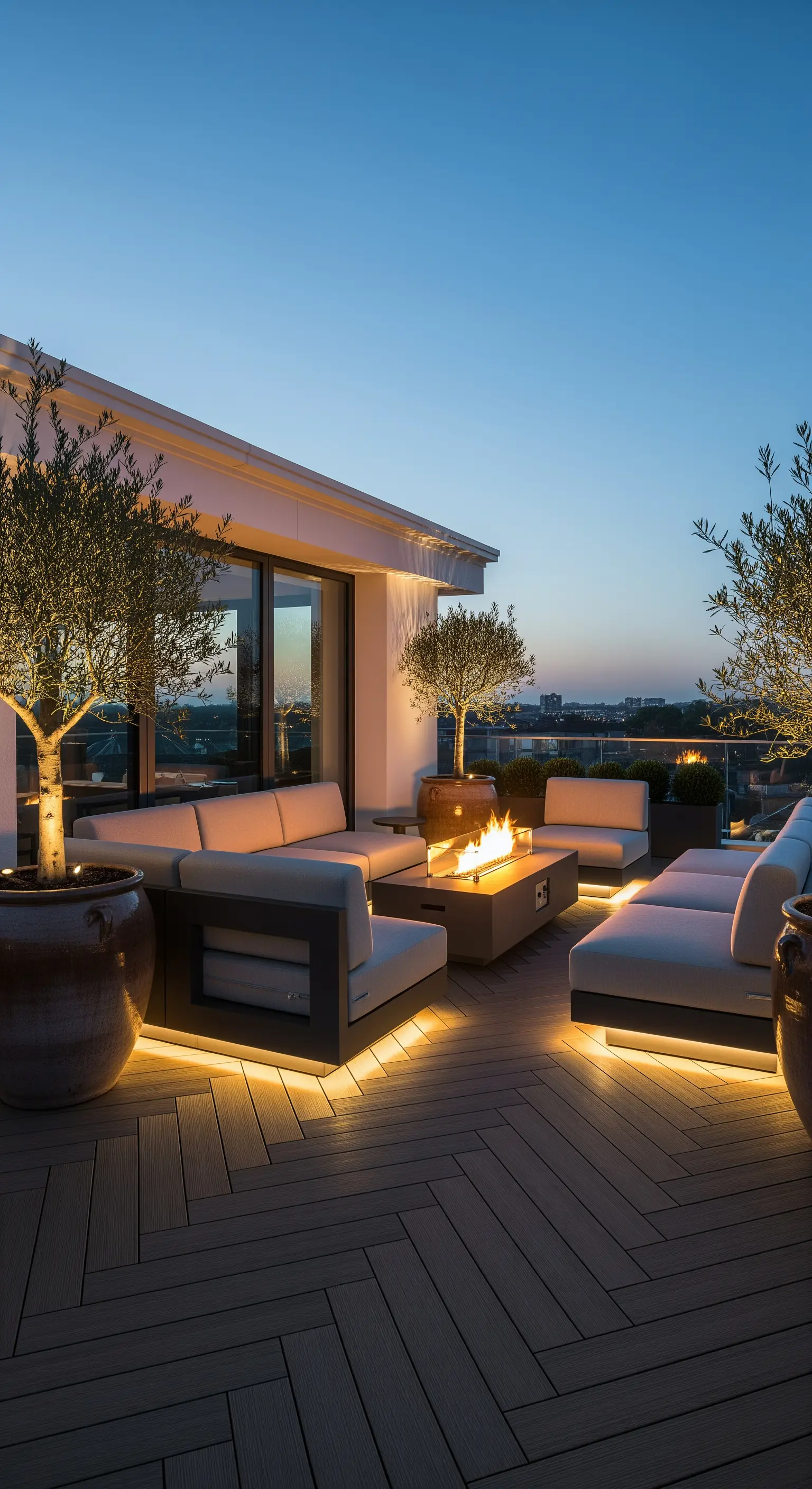 Terrazza elegante con divani moderni e fioriere illuminati da strisce LED alla base